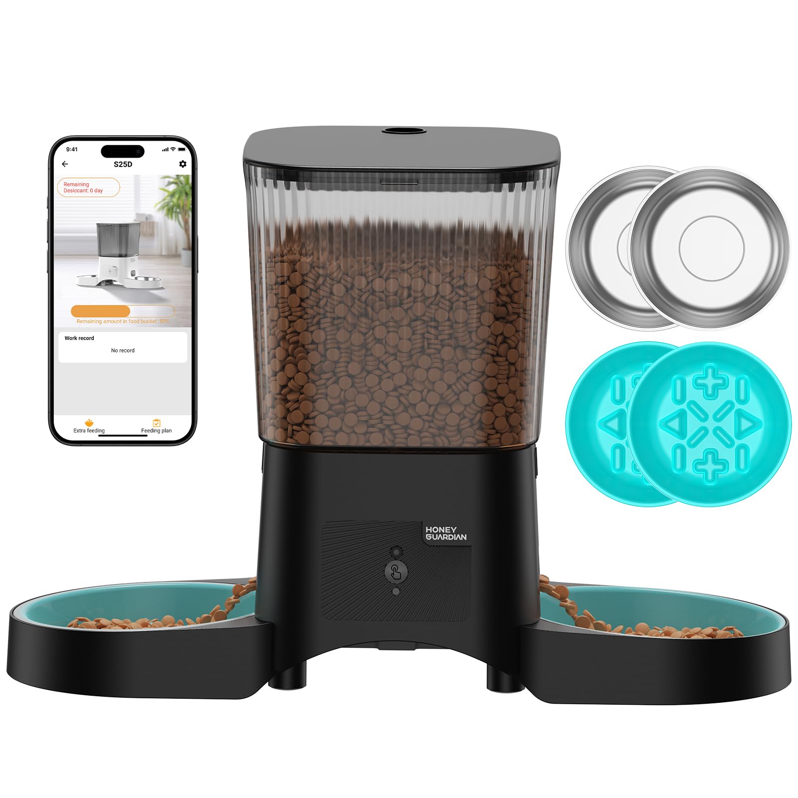 HoneyGuaridan Automatic Cat Feeder with 2.4G/5G WiFi, 3.5L Cat Food Dispenser with APP Control – Includes 2 Stainless Steel Bowls & 2 Slow Feeder Anti-Choking Bowls, Four Anti-Slip Feet