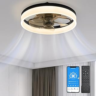 Ceiling Fans with Lights 15.7in, Low Profile Ceiling Fan Flush Mount with Remote, Dimmable LED 3 Color 6 Speeds Timing, Reversible Bladeless Modern Ceiling Fans for Bedroom Living Room,Black