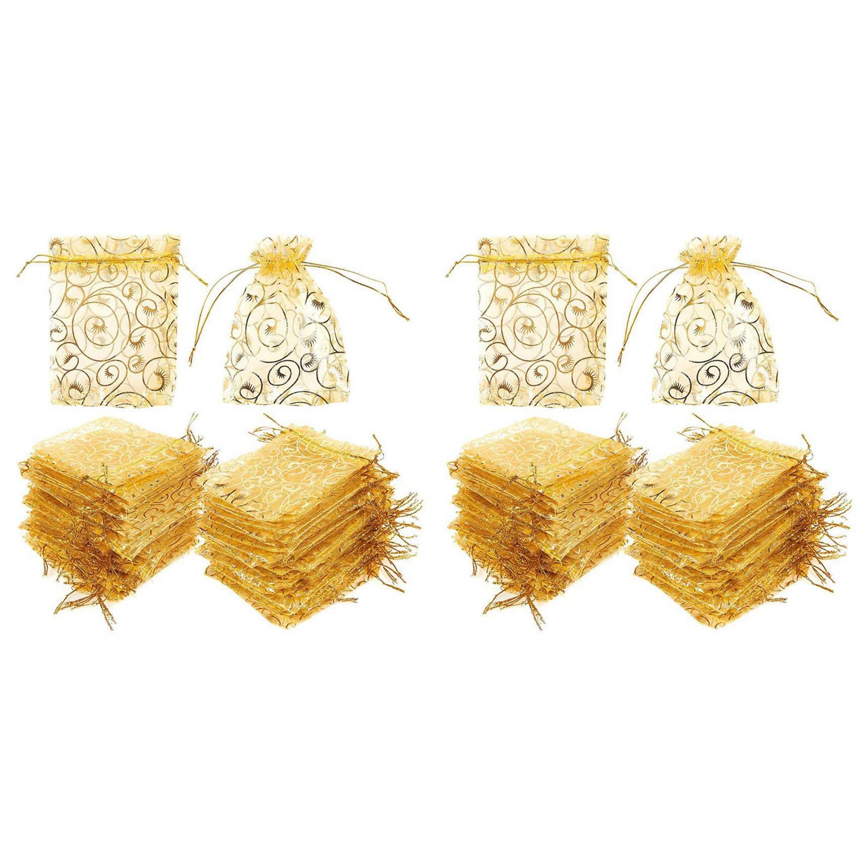 Hndhbfgrt 200Pcs 10X15cm Eyelash Printed Gold Organza Bags Jewelry Pouch Bags Organza Drawstring Pouches for Wedding Gift Bags