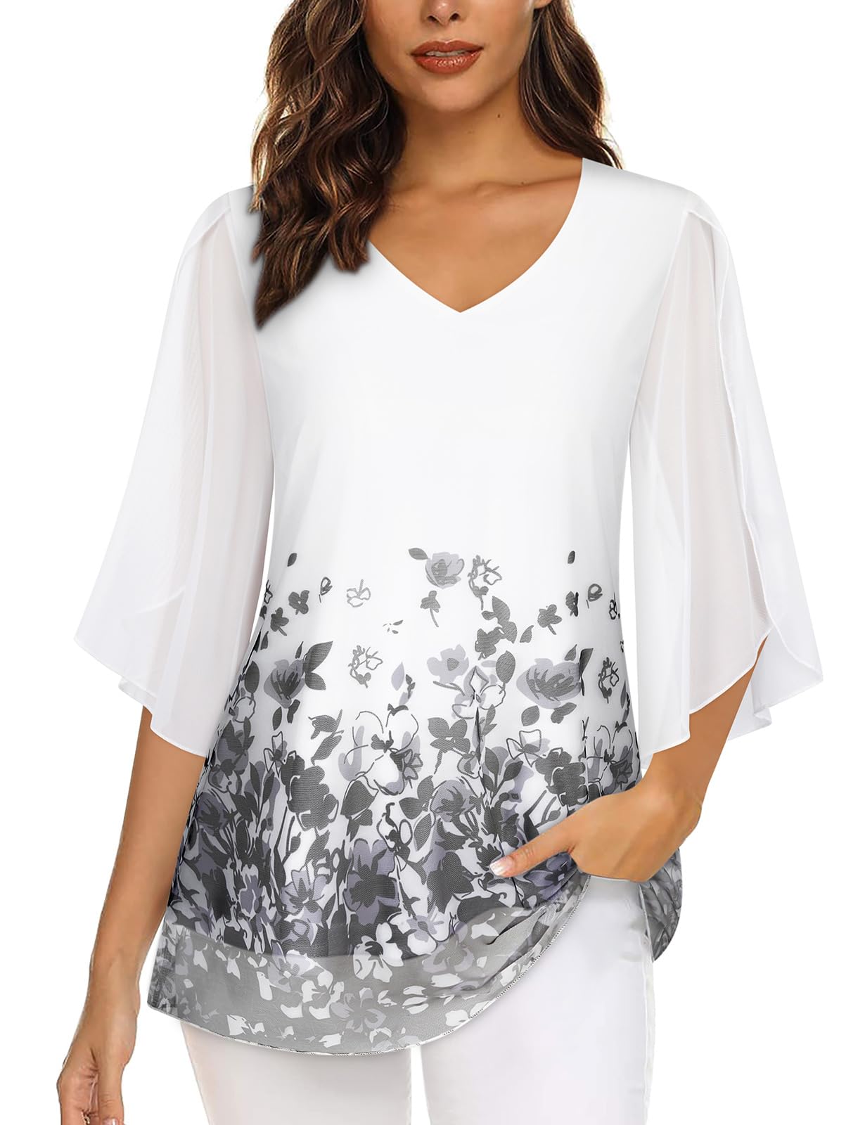 Viracy Womens Overlap Ruffle Sleeve V Neck Mesh Blouse Elastic Loose Flowy Tunic Tops