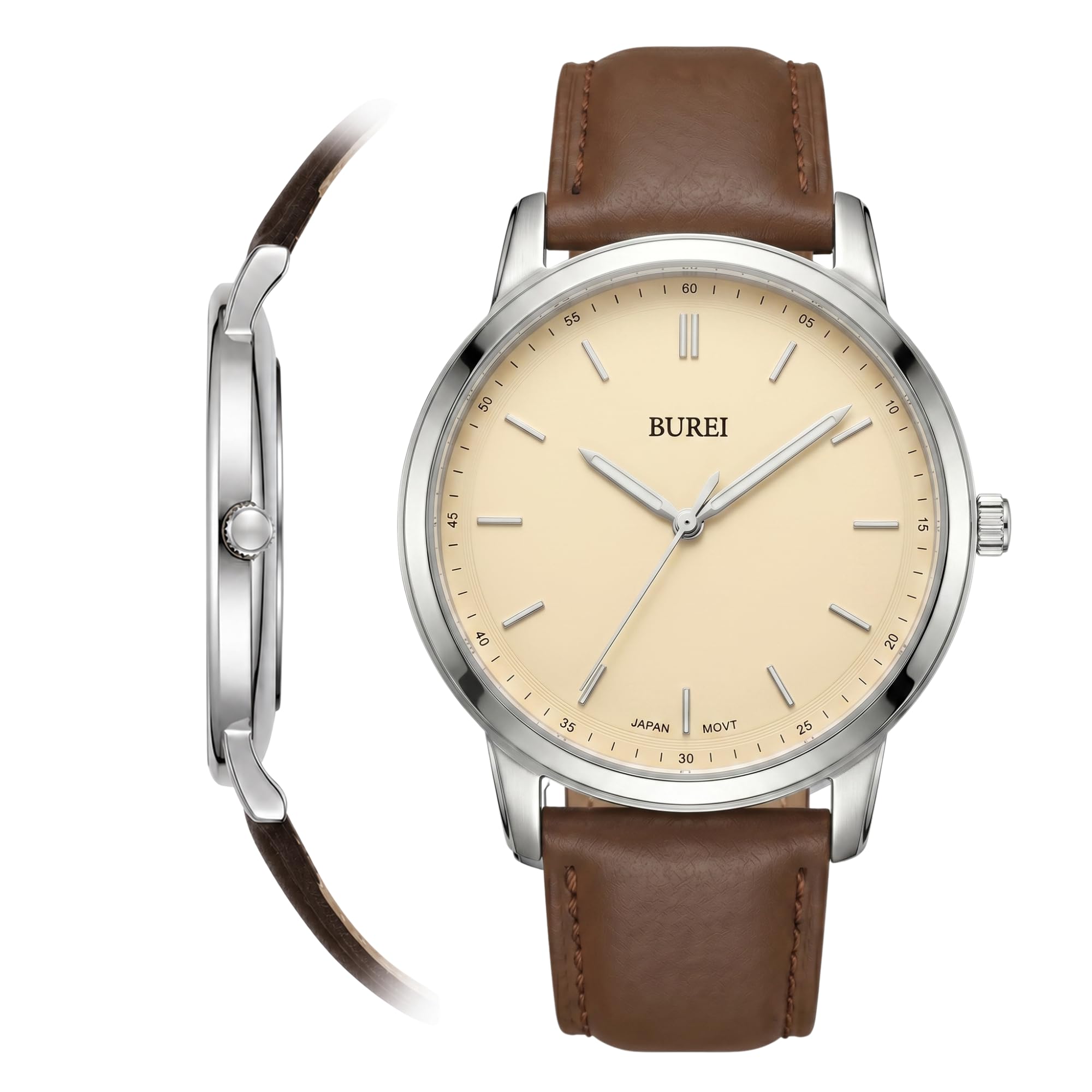BUREI Relojes de hombre de moda minimalistas relojes de pulsera para hombre de cuero marrón reloj analógico con caja delgada Relojes para hombre (blanco crema y marrón)