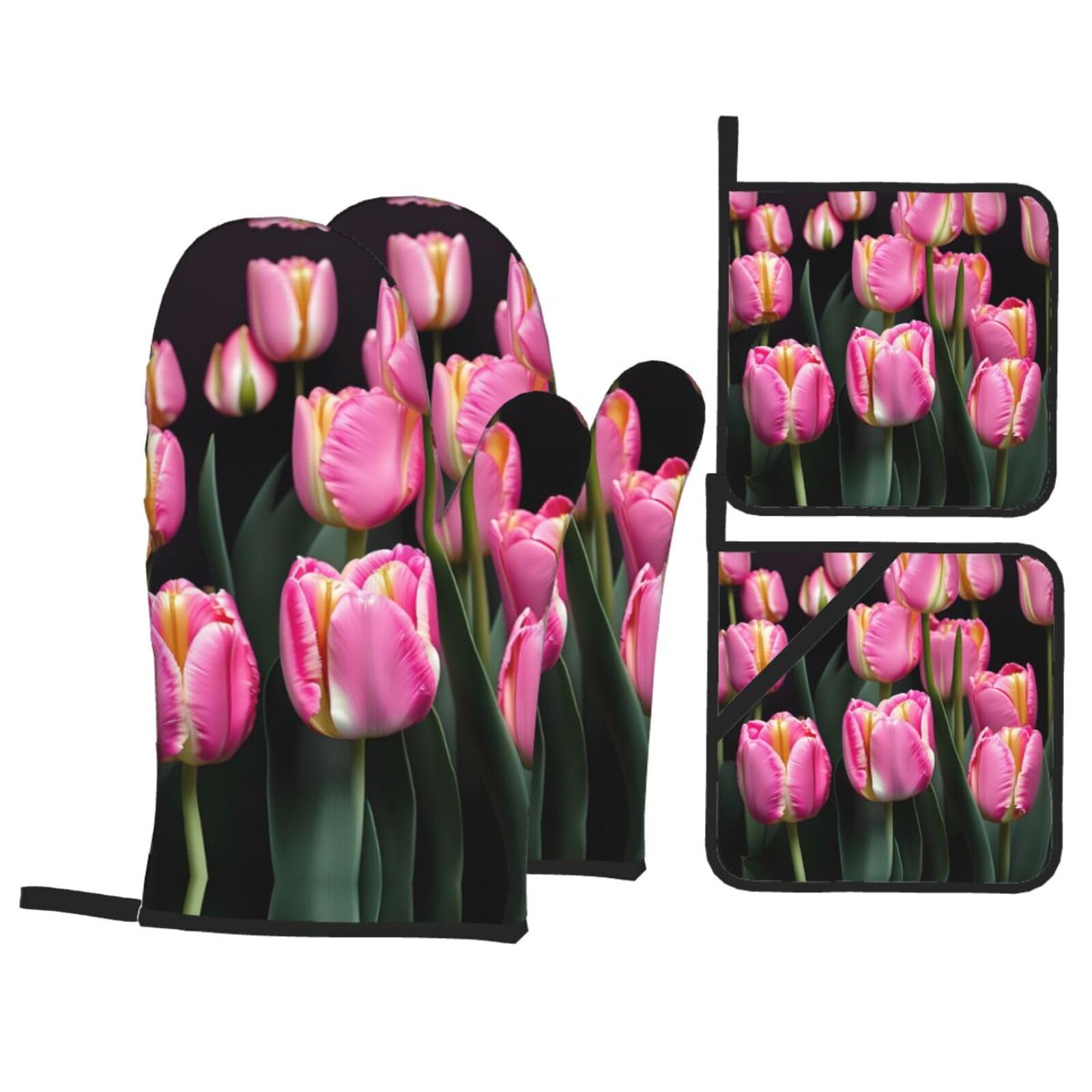 pink and tulips print Print Oven Microwaving Waterproof Kitchen Gloves for Baking Grilling Holiday Cooking