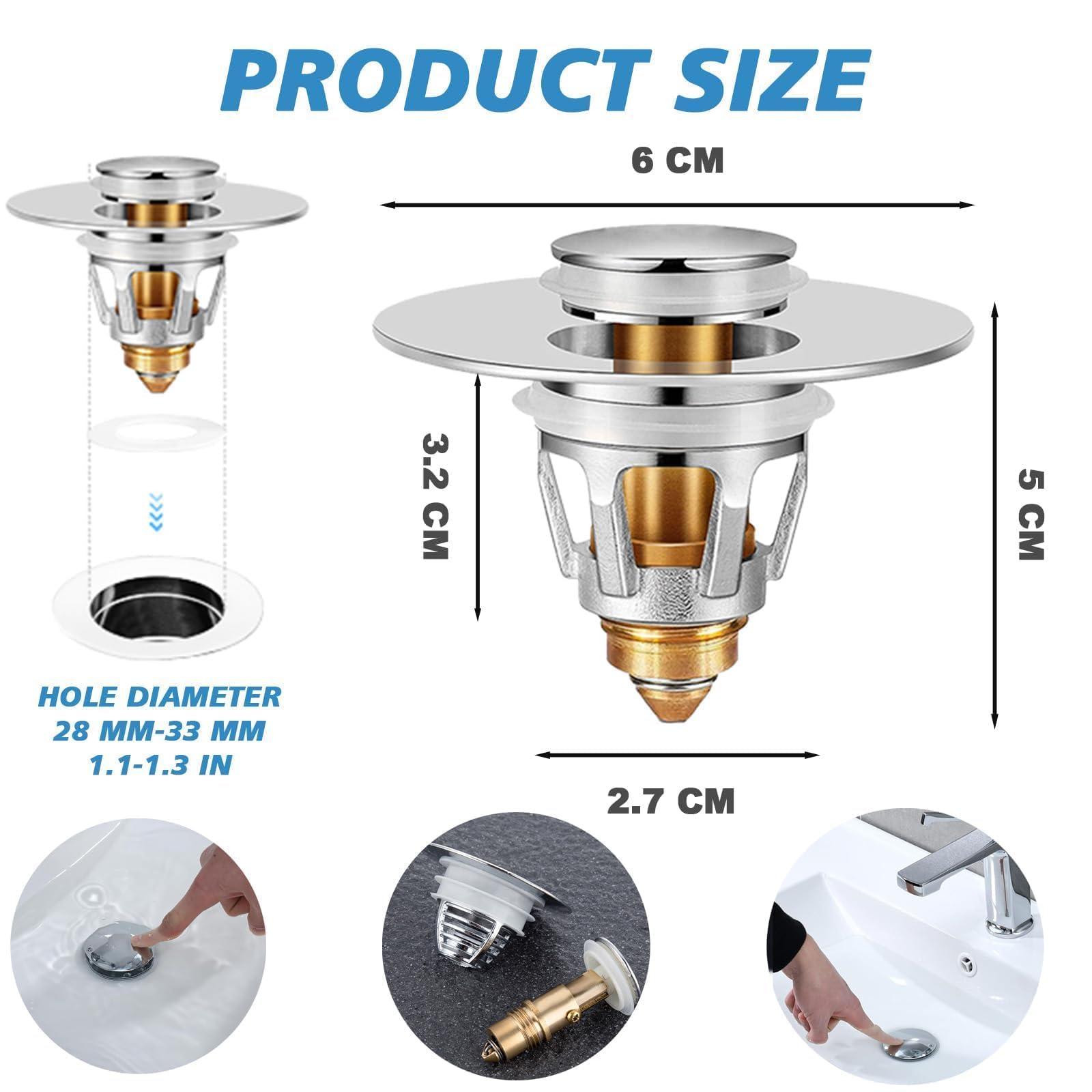 Sink Plug Replacement, Universal Bathroom Sink Plug, for 33-40 MM/28-33 MM, Pop Up Sink Hole Plug Cover with Strainer - Image 2