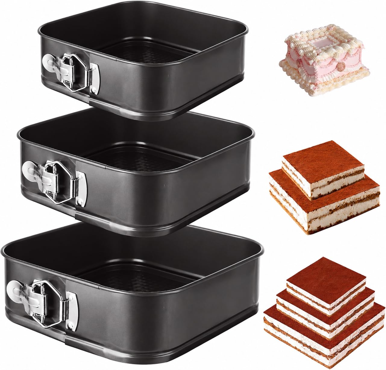 Lot de 3 moules à charnière carrés avec fond amovible 20,3 cm/22,9 cm/25,4 cm Moule à gâteau carré anti-adhésif pour gâteaux, cheesecakes, pizzas et quiches