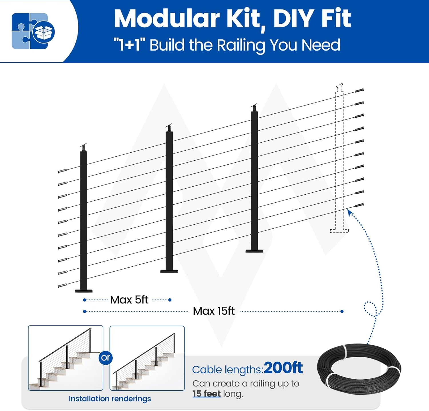Muzata 10-15FT Modular Black Cable Railing Kit 36 Inch 3 Stair Post Kit Complete Set Cable Railing System for Stairs Length Adjustable Easy DIY with Paper User Guide (No Handrail) RWS1 BA4S