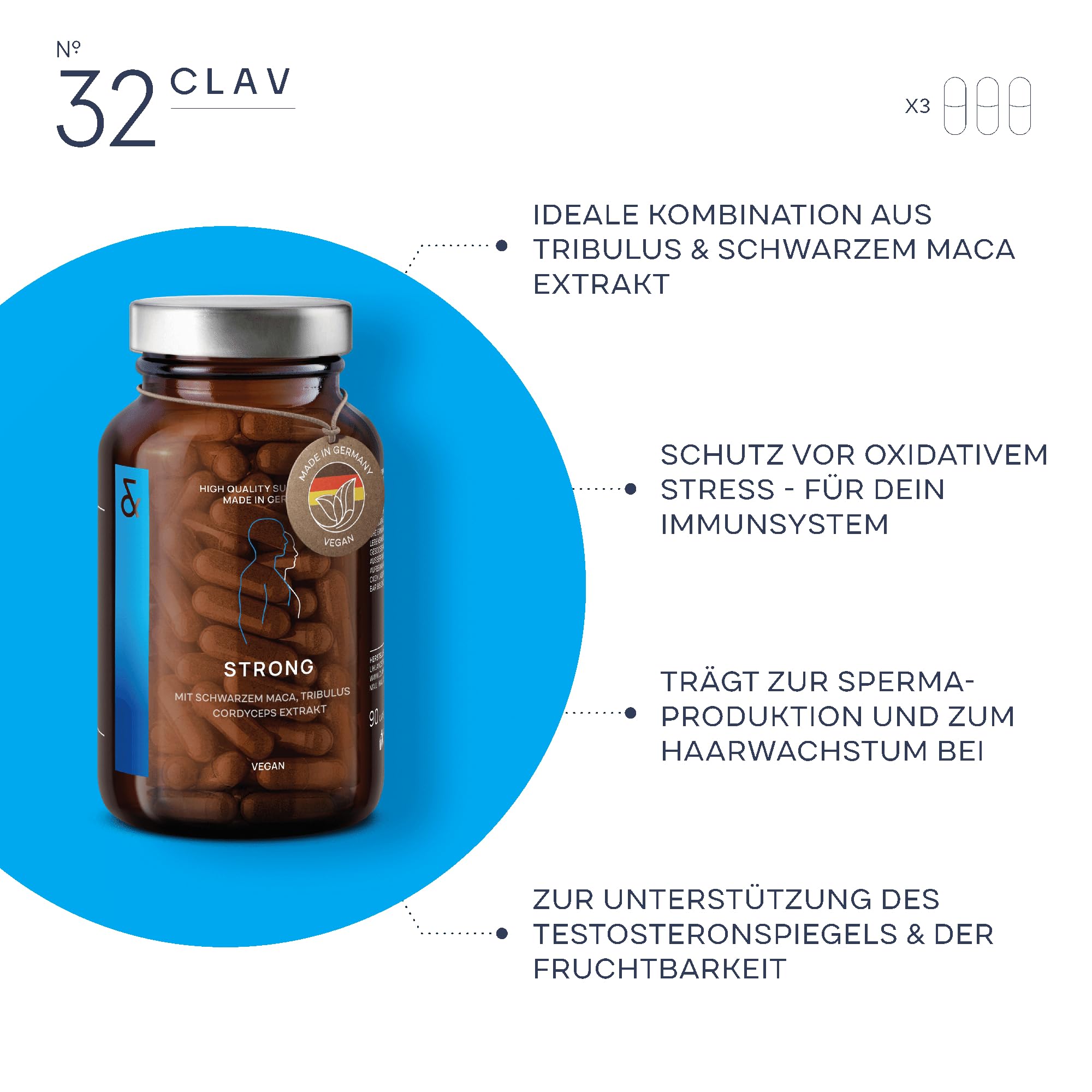 3er Set - N°32 Strong - Black Maca Kapseln hochdosiert mit Tribulus terrestris, Cordyceps sinensis, schwarzer Knoblauch, Ginseng, Zink & Selen - 270 Kapseln