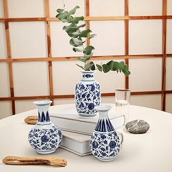 Amazon.com: Yesland Small Blue and White Porcelain Vases Set
