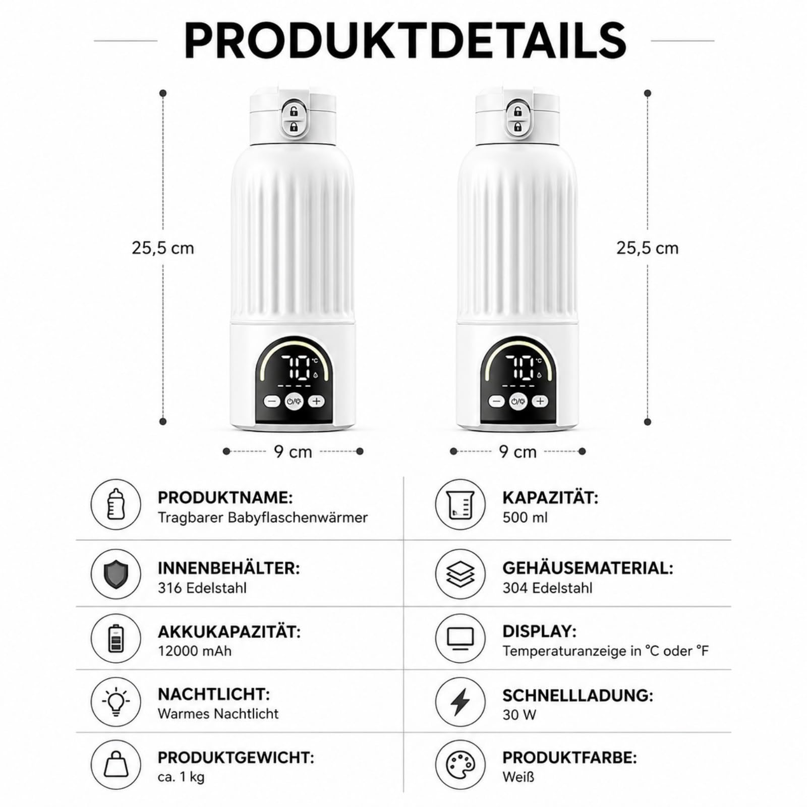 Tragbarer Flaschenwärmer Baby für unterwegs, 500 ml Flaschenwärmer mit 12000 mAh Akku, 140 W Schnellaufheizung, 316 Edelstahl, 11 Temperaturstufen, für Muttermilch und Wasser, Weiß
