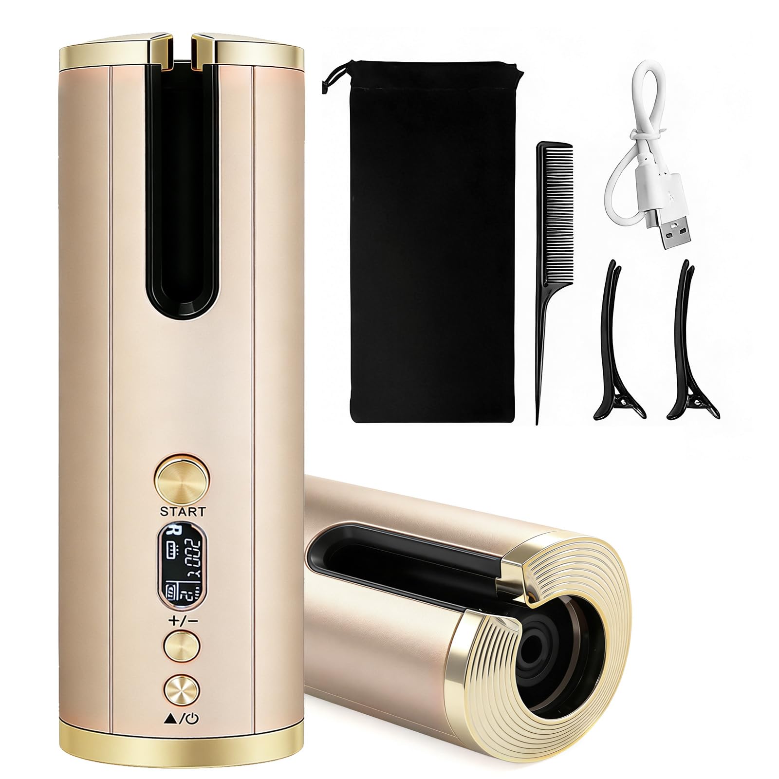 Arricciacapelli automatico rotante, senza fili, in ceramica, 6 livelli di temperatura, ricaricabile, compatto, per viaggi e attività all'aperto, color oro champagne