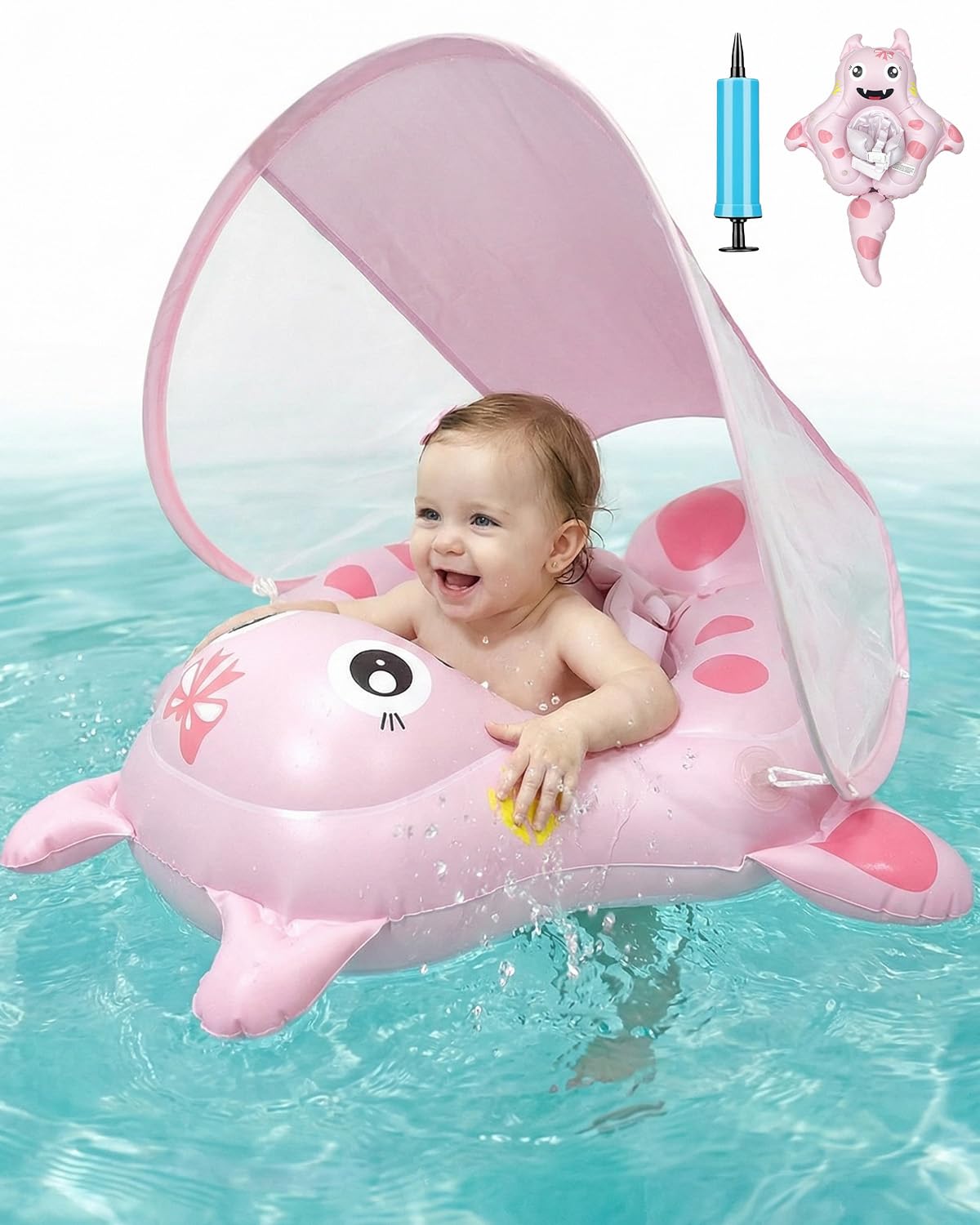 Baby Schwimmring mit UPF50+ Sonnendach Entfernbar, Rosa Premium Baby Float, Schwimmhilfe verstellbare Schultergurte, Schwimmtrainer, mit aufblasbarer Swimming Float für ab 6-36 Monate(7-16kg)