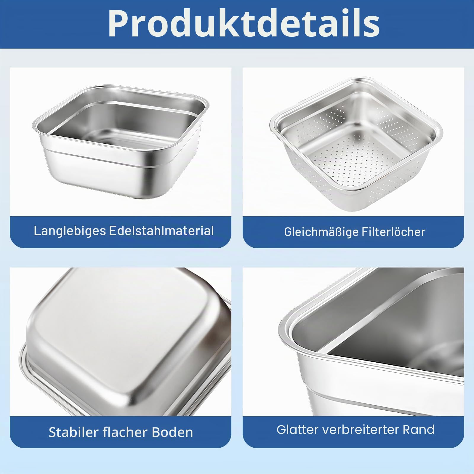 Spülschüssel und Siebschüssel Quadratisches Sieb Edelstahl Küchenkorb mit gleichmäßigen Abflusslöchern Waschbecken Rührschüssel-Set für Obst Gemüse Küche, 34 cm, 2 Stück