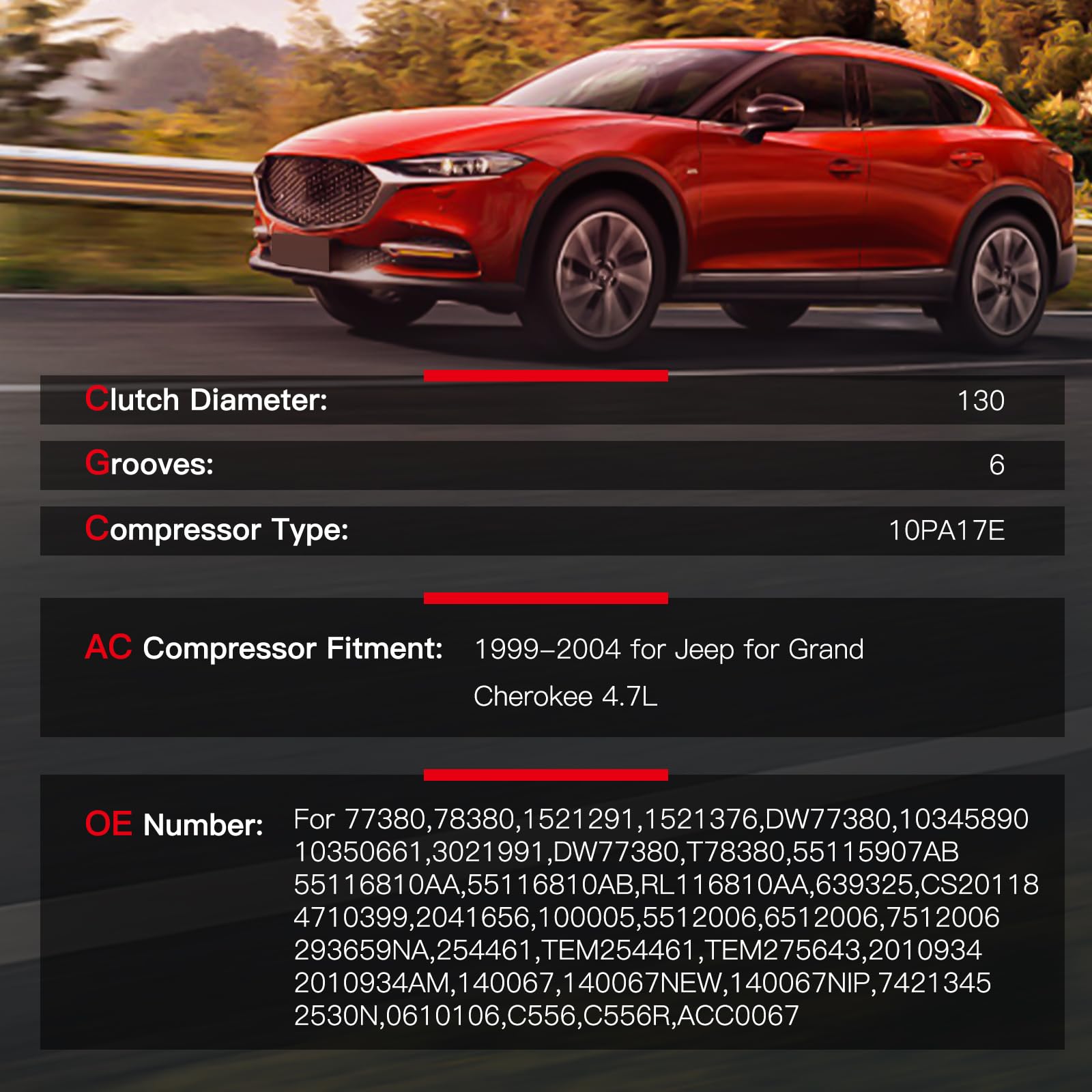 cciyu Air Conditioning Compressor Fit for J-eep Grand for Cherokee 4.7L 99 00 01 02 03 04 Replaces AC Compressor for Car 6 Grooves 10PA17E