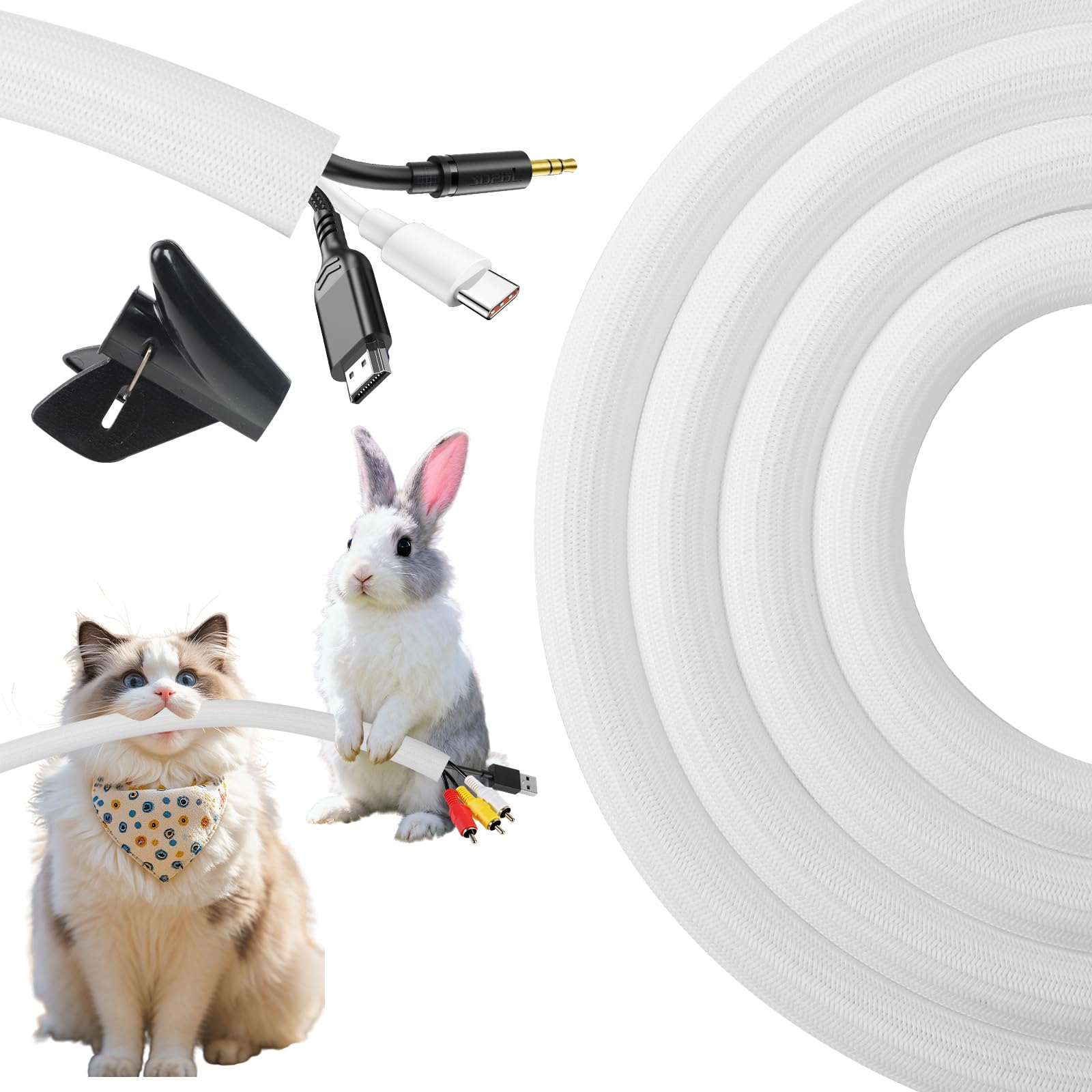 16.4ft-3/4 inch Cable Tidy White Wire Covers Cord Protector for Pets Wire Protector from Pets Self-Winding Cable Tidy Sleeve Prevent Dogs Cats Chewing for USB Power Audio PC/TV Cords Home Office