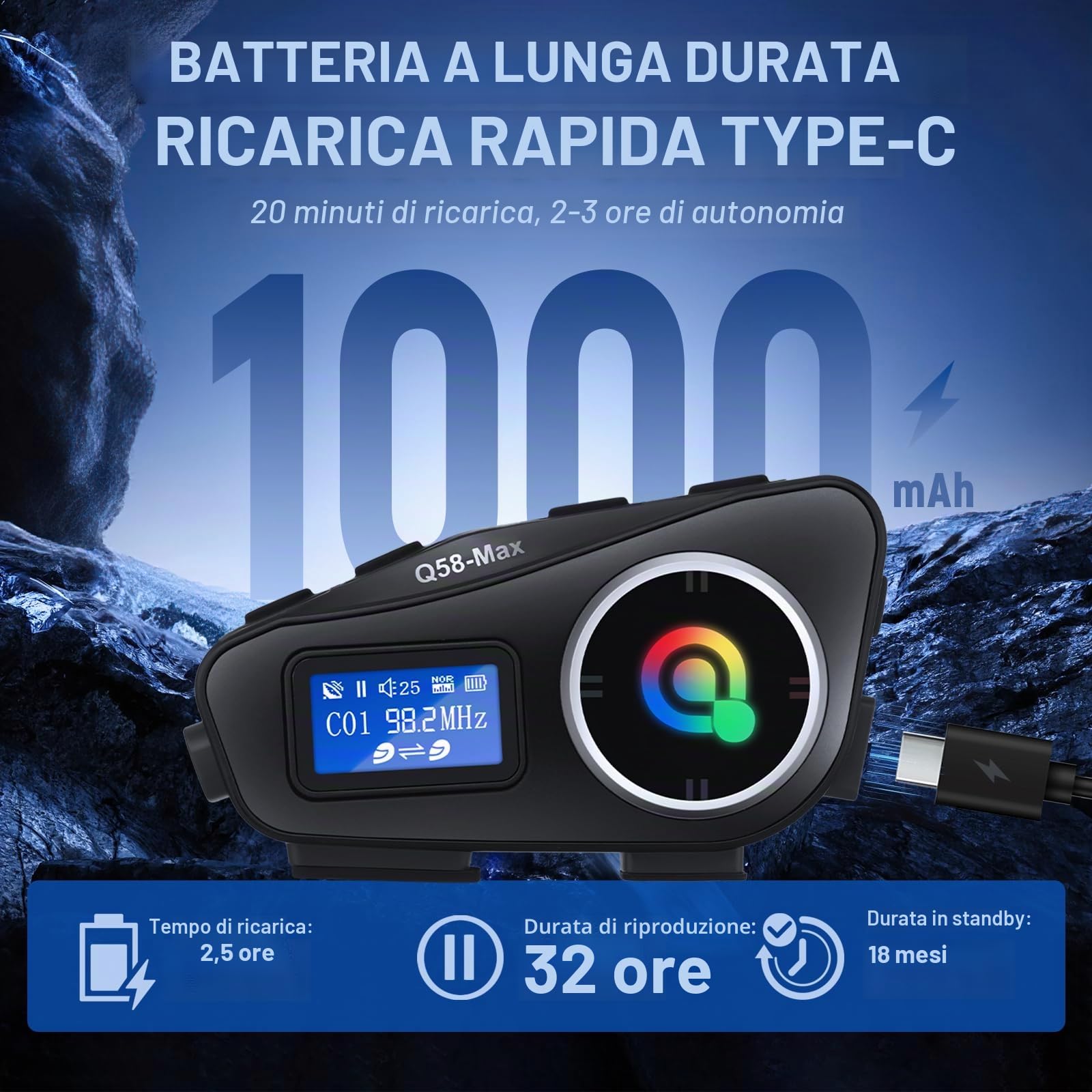 Intercom per casco da moto, 1000 m, con collegamento BT5.3 | Cancellazione del rumore, vivavoce, impermeabile IP65, indicatore di livello della batteria per tutti i caschi da moto