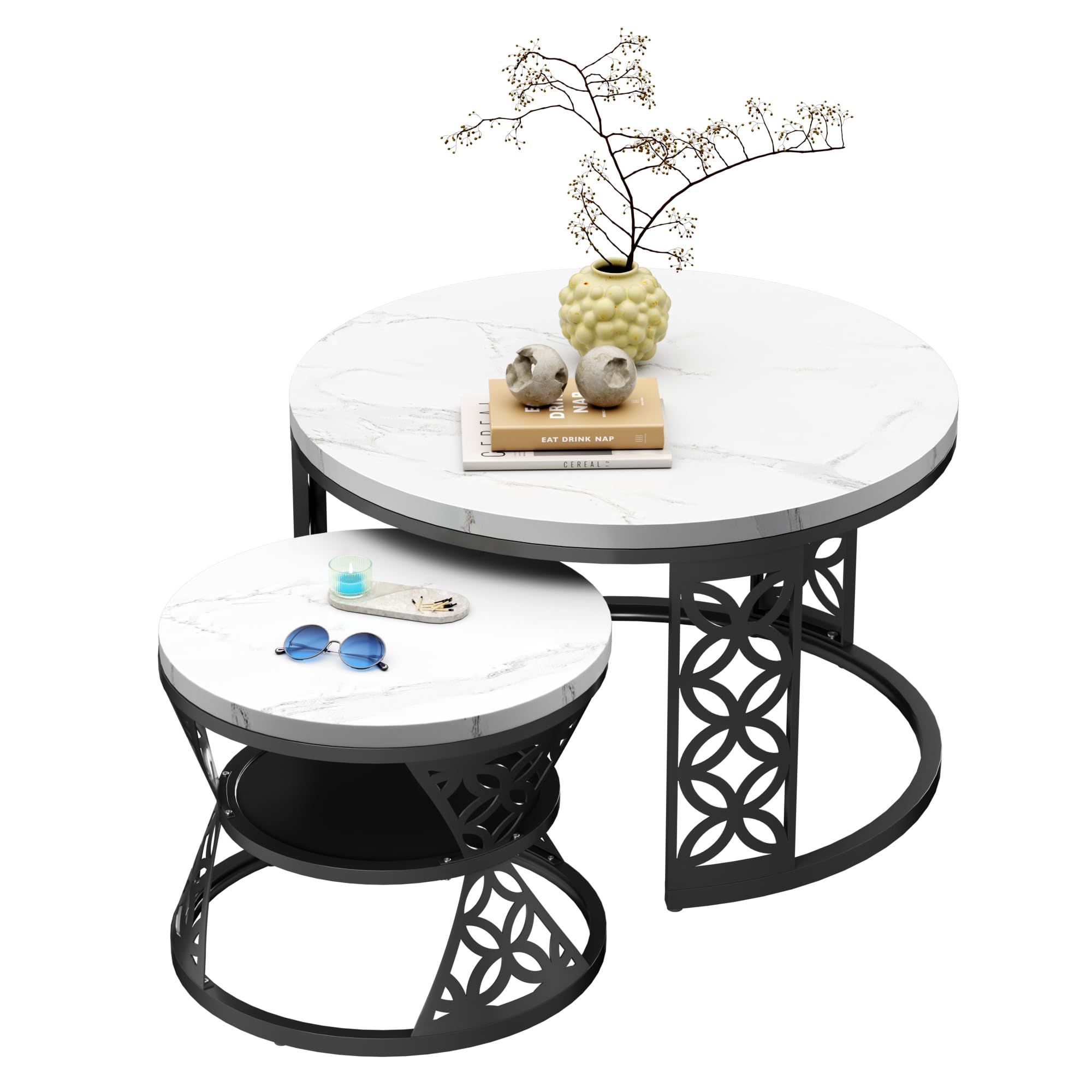 okwish - Mesa de centro redonda con espacio de almacenamiento, mesas nido modernas para salón, balcón, oficina, tablero de MDF blanco y estructura de metal negro, 70 x 45 cm