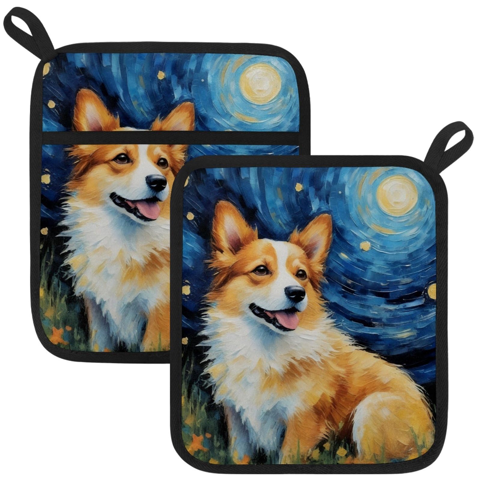 VAPOKF Corgi Starry Sky Pot Holders with Pocket for Kitchen Heat Resistant Potholders Large Polyester-Cotton Square Oven Mitts Set