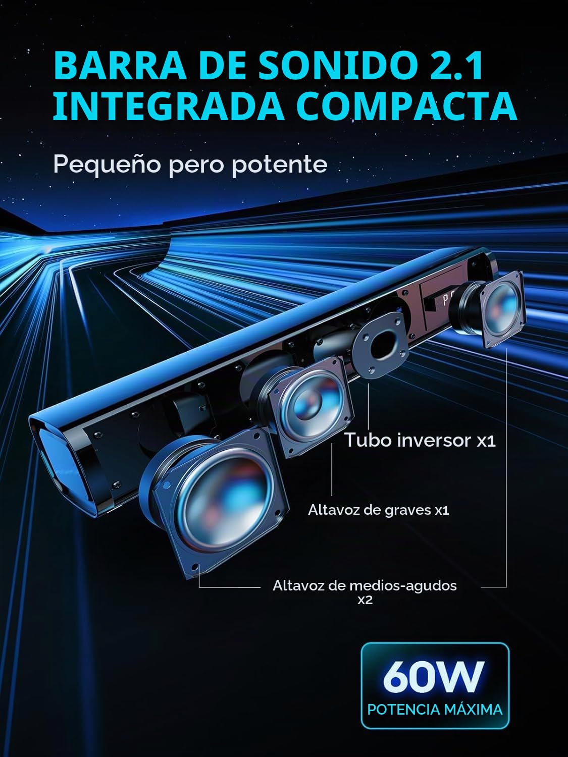 Barra de Sonido TV Mini Barra de Sonido PC Gaming Home Cinema 60W, 2,1 Canales, Altavoz de subwoofer Integrado, Ordenador con USB Digital Audio/BT5.4/óptico/AUX Voice Enhance 3 EQ - 40cm