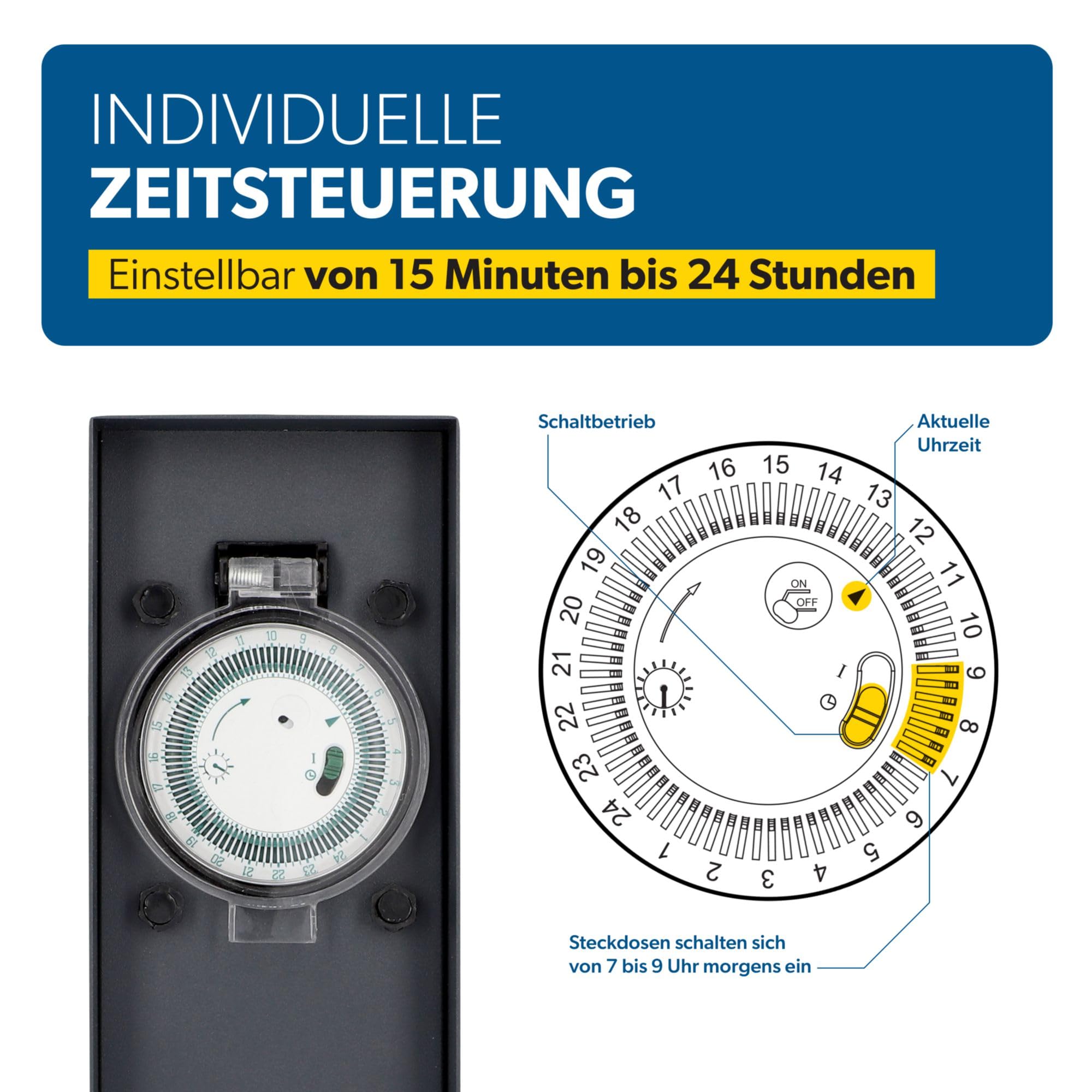 UNITEC Steckdosenverteiler für den Garten, Steckdosensäule mit Zeitschaltuhr, Außensteckdose, Edelstahl, IP 44, 2 Steckdosen