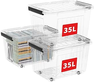 Cetomo 35L*3 Storage Box Storage Bin With Wheels Storage Container with Click Closure and Lid Stackable Transparent Organizer