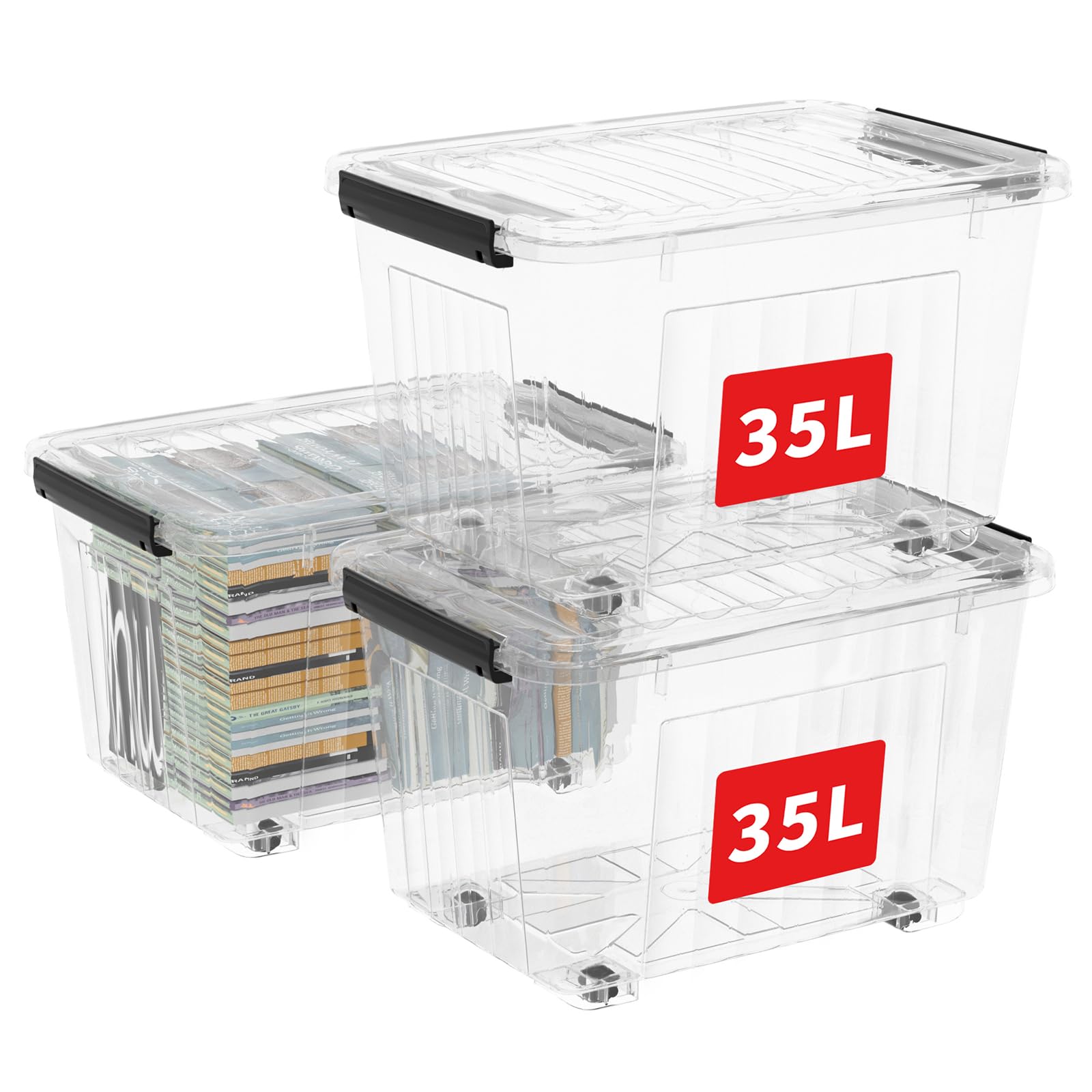 Cetomo 35L*3 Storage Boxes with Wheels, Plastic Storage Bins with Lids, Latching Buckles, Click Closure, Stackable, Nestable, Organizer for Home Office Clothes, Clear, 35L-3 Pack