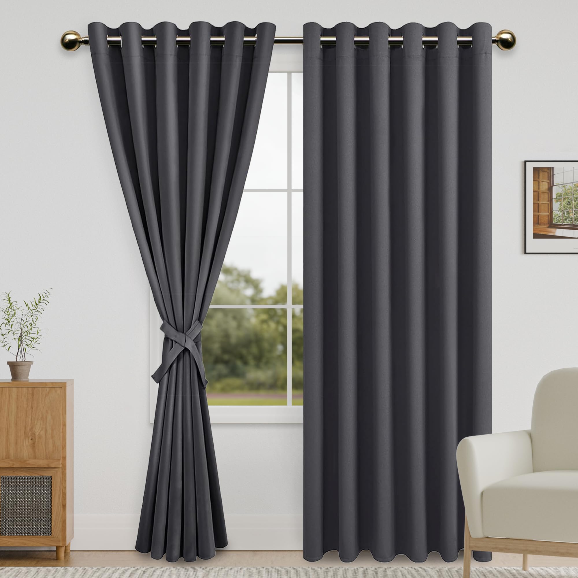 DWCN Dark Grey Blackout Curtains for Bedroom with Tiebacks - Thermal Insulated Light Blocking Grommet Window Curtains for Living Room, 70 x 84 inch Length, Set of 2 Panels