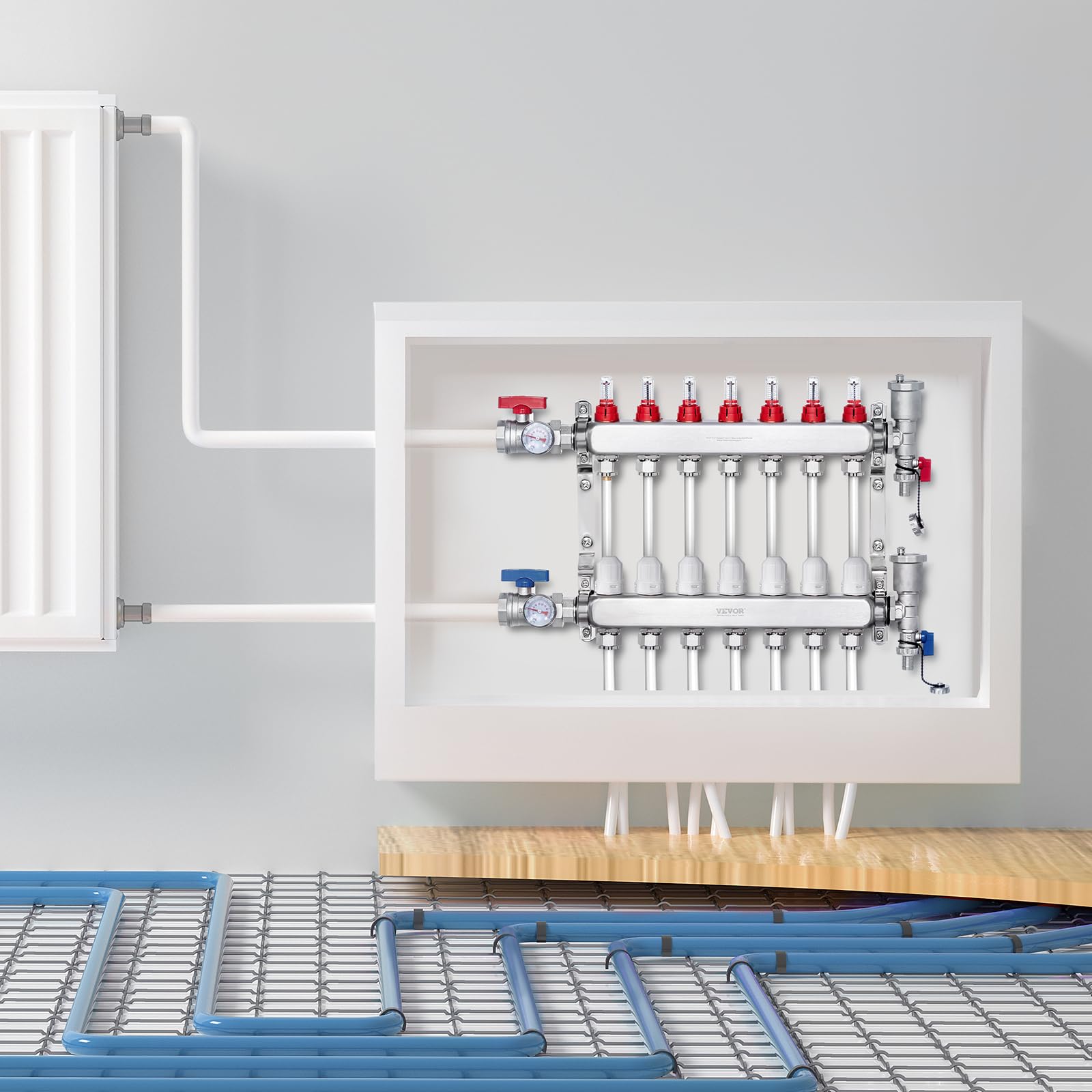 VEVOR Colector de Calor radiante de 7 Derivaciones, Colector de Tubería PEX de Acero Inoxidable SUS304 para Calefacción por Suelo Radiante Hidrónico, con Adaptadores, 540 x 370 x 110 mm, 0-5 L/min