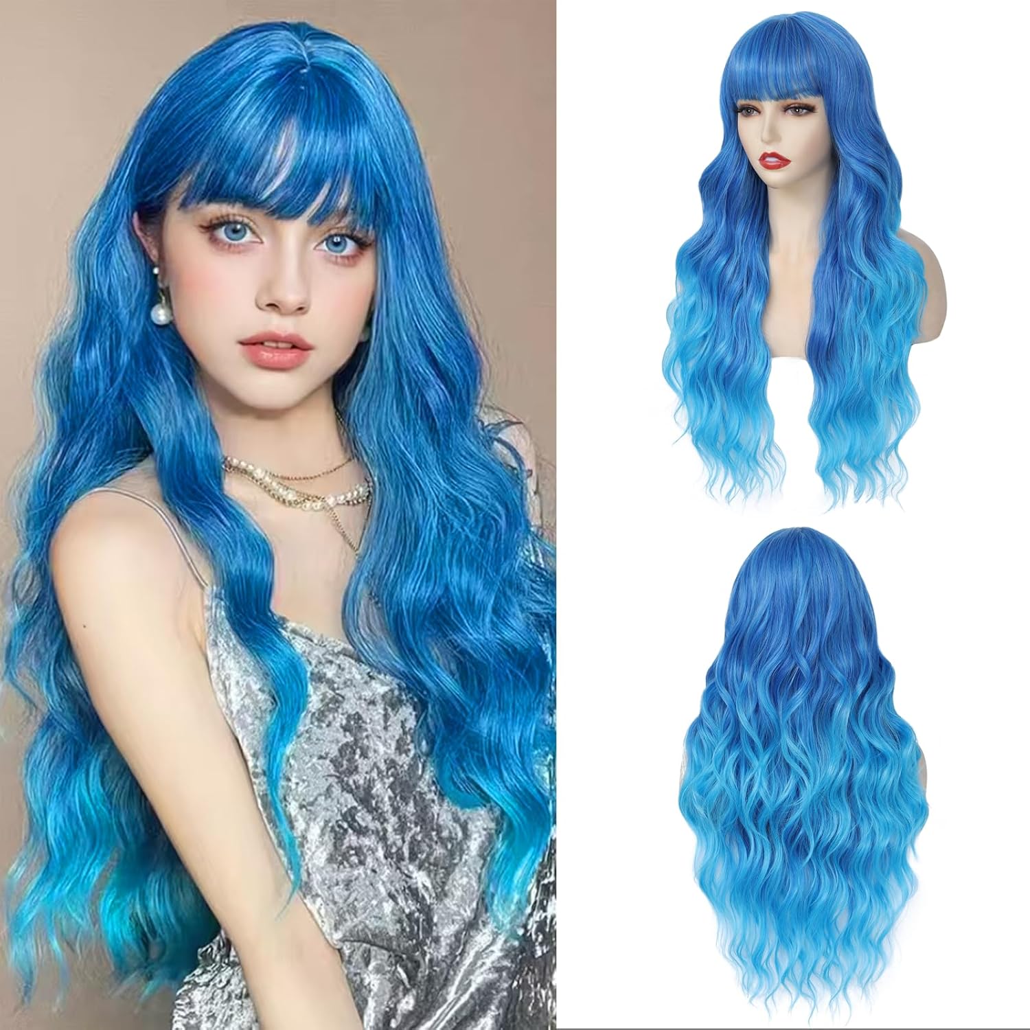 Long Blue Wavy Wig With Bangs for Women 26 Inch Curly Wavy Wig With Bangs Natural Looking Synthetic Heat Resistant Fiber Wig for Daily Party Use