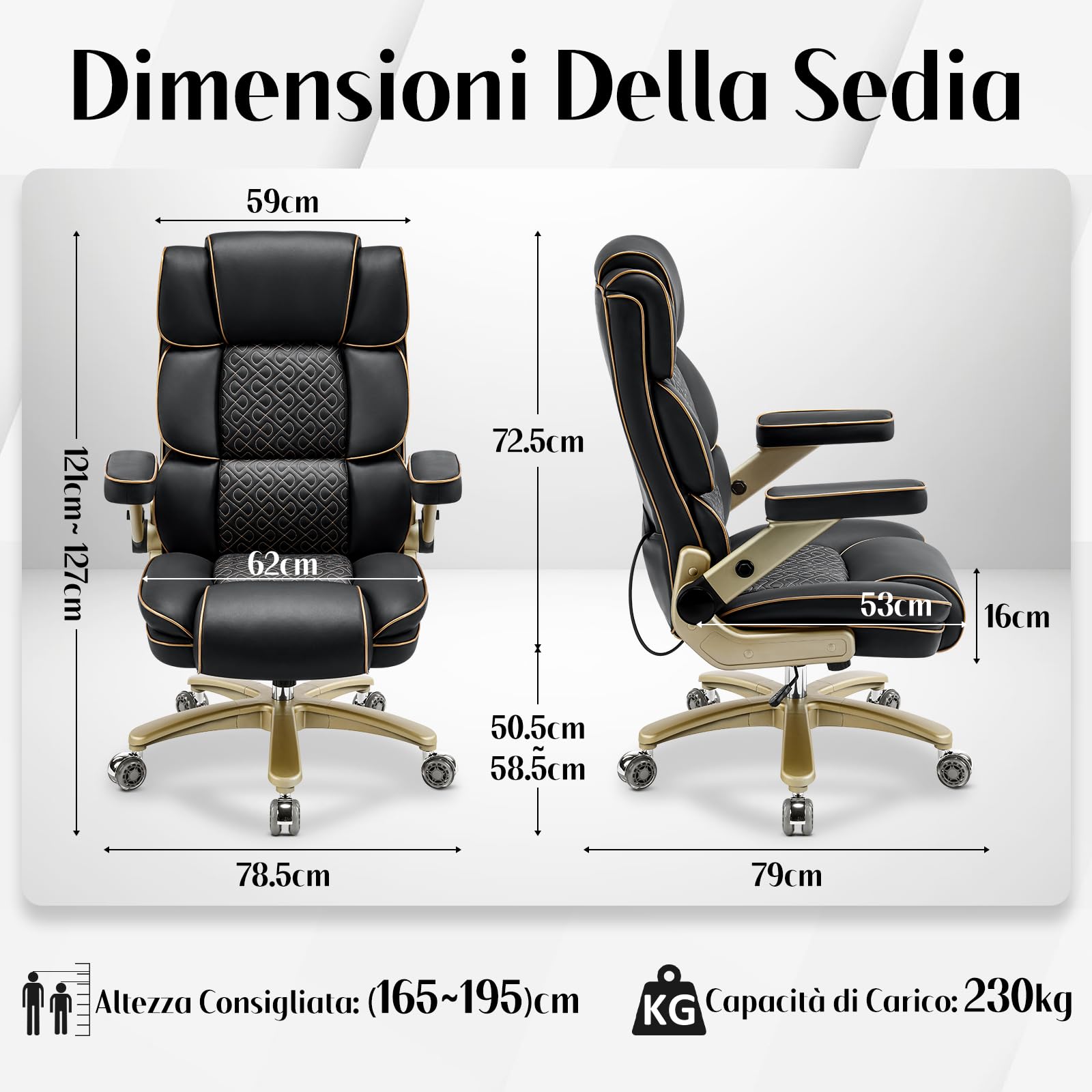 Hellove Poltrona Direzionale Ergonomica in Pelle con Braccioli 5D, Supporto Lombare Regolabile, Schienale Alto, Sedia da Ufficio Girevole e Confortevole per Casa e Studio, Nera