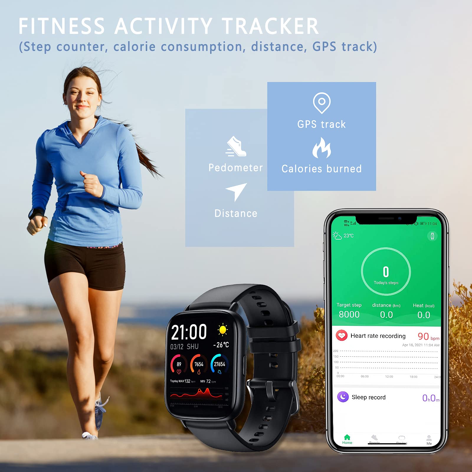 MicLee Damska męska opaska na nadgarstek do fitnessu, monitor aktywności Bluetooth, wodoodporny IP67, ustawienia wielojęzyczne, ładowanie magnetyczne, zegarek sportowy, powiadomienie SMS, silikonowa