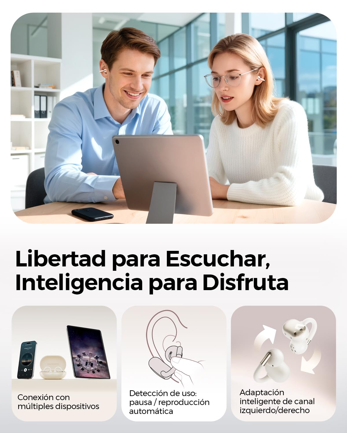 SoundPEATS Clip1 Auriculares Abiertos con Hi-Res y LDAC, Auriculares con Clip Dolby Audio, 40 h de Autonomía con Carga Rápida, BT 5.4 Multipunto, IPX5, Diseño Ligero y Cómodo con Detección en el Oído