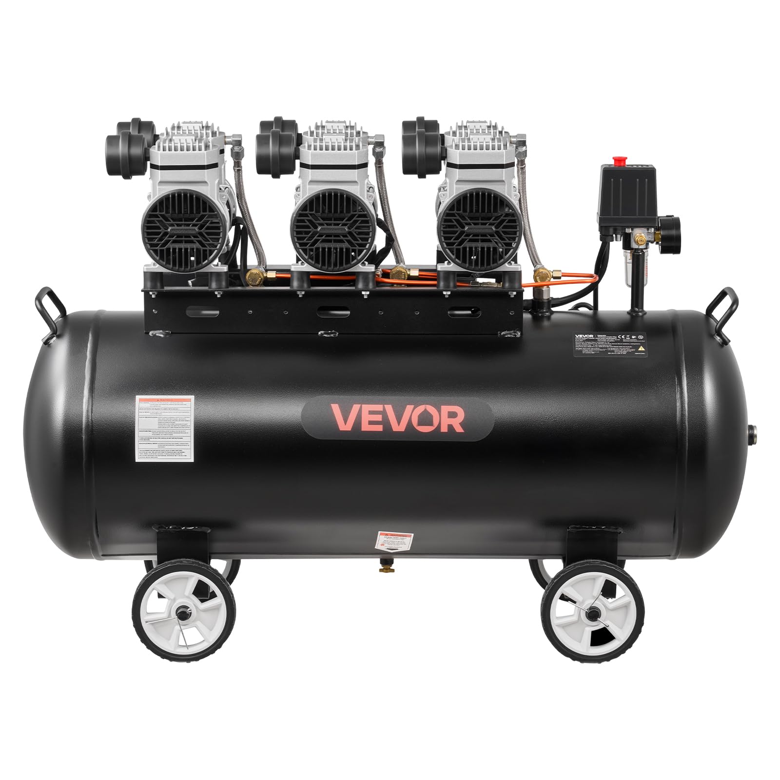 VEVOR Compresseur à Air 100 L Réservoir Compresseur d'Air sans Huile 3 kW pour Réparation Automobile, Gonflage Pneus, Peinture Pistolet, Clouage Bois, 198 L/min à 6,2 bar, Max. 8 bar, Portatif Mobile