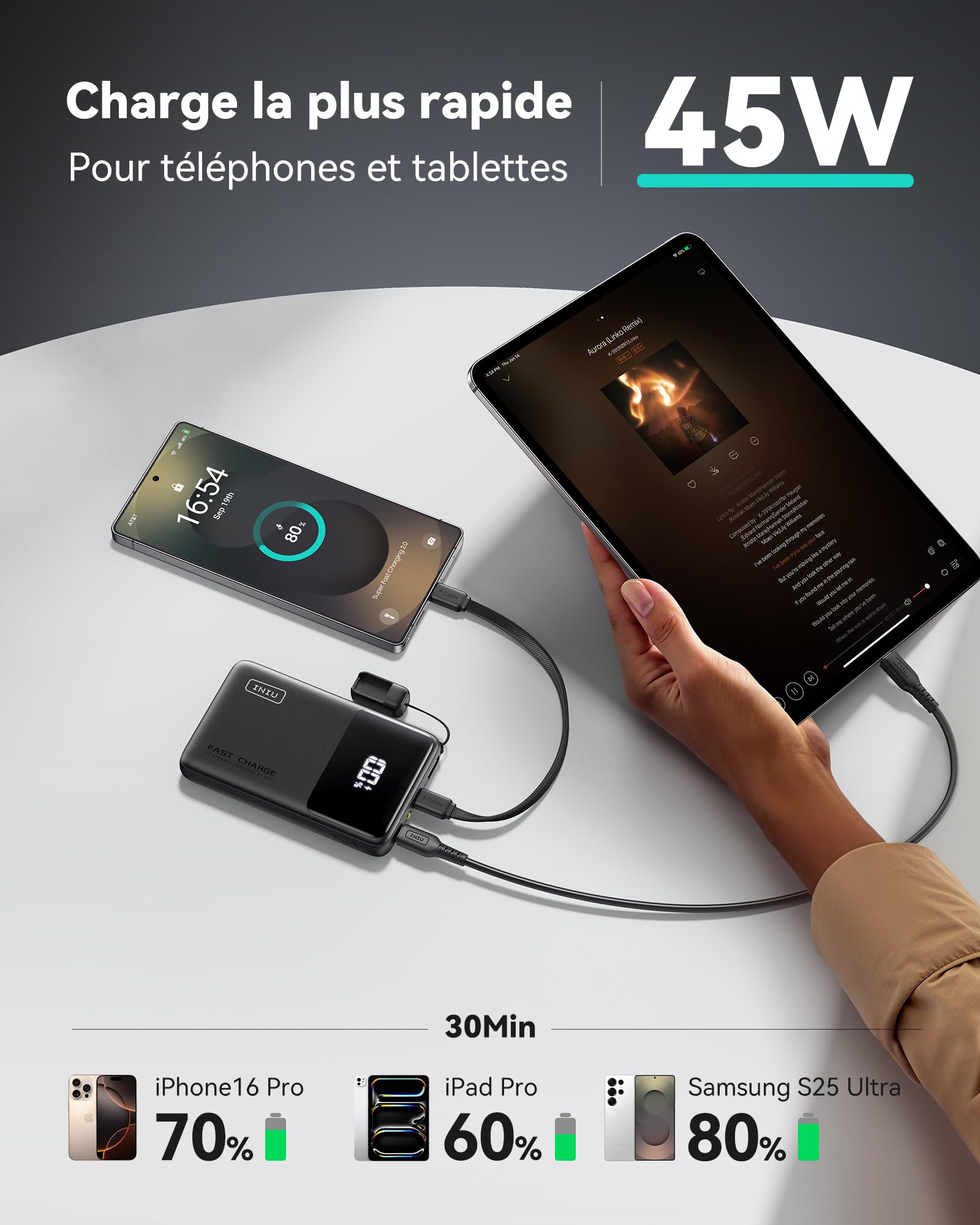 INIU Batterie Externe, Mini 10000mAh 45W Charge Rapide Power Bank avec Câble USB C Amovible, Essentiels de Voyage, Autorisé en Avion, Batterie Portable pour iPhone 17 16 Samsung S25 Xiaomi iPad etc