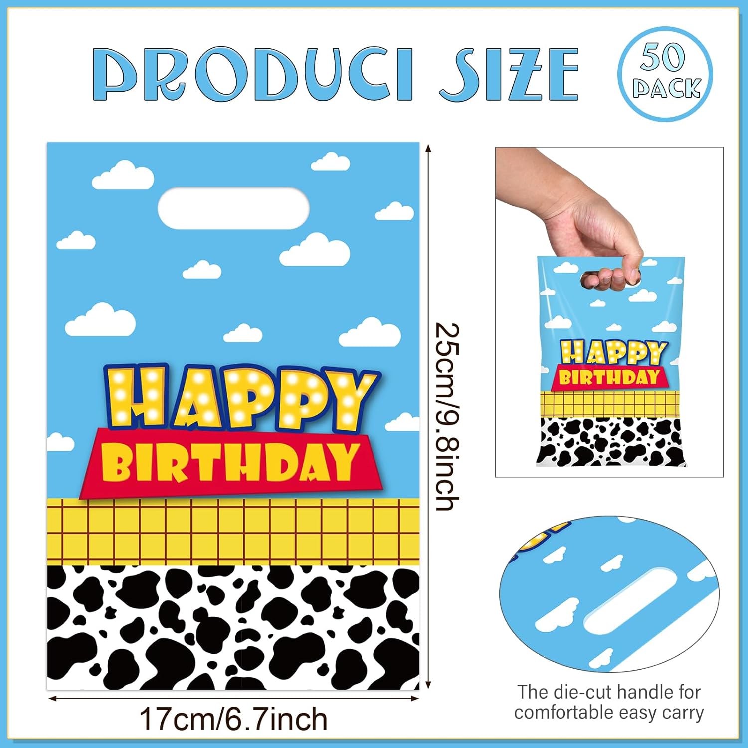 Ragnhild 50 Pcs Cartoon Story Birthday Party Favor Bags, Cow Pattern Goodie Treat Bags Party Supplies, Blue Sky White Cloud Plastic Candy Gift Bag with Handle for Kids Birthday Decorations - Image 2