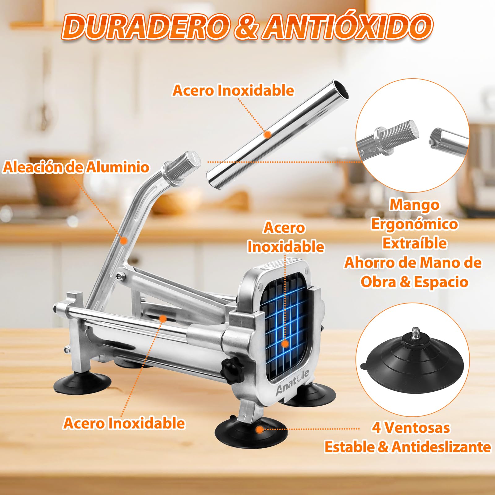 Anatole Cortador de Patatas Fritas Profesional Manual con 13mm Cuchilla | Cuchilla de Acero Inox, Picadora de Papas Finas, 4 Ventosas, Compacto, para Zanahoria Pepino Cebolla, para Cocina de Casa