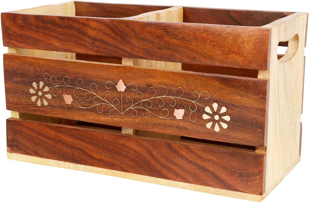 Best Mart Handmade Wooden Cutlery Holder with Brass Inlay – Multipurpose Stand & Organizer for Dining Table and Kitchen, 8 x 3.2 x 4 Inches