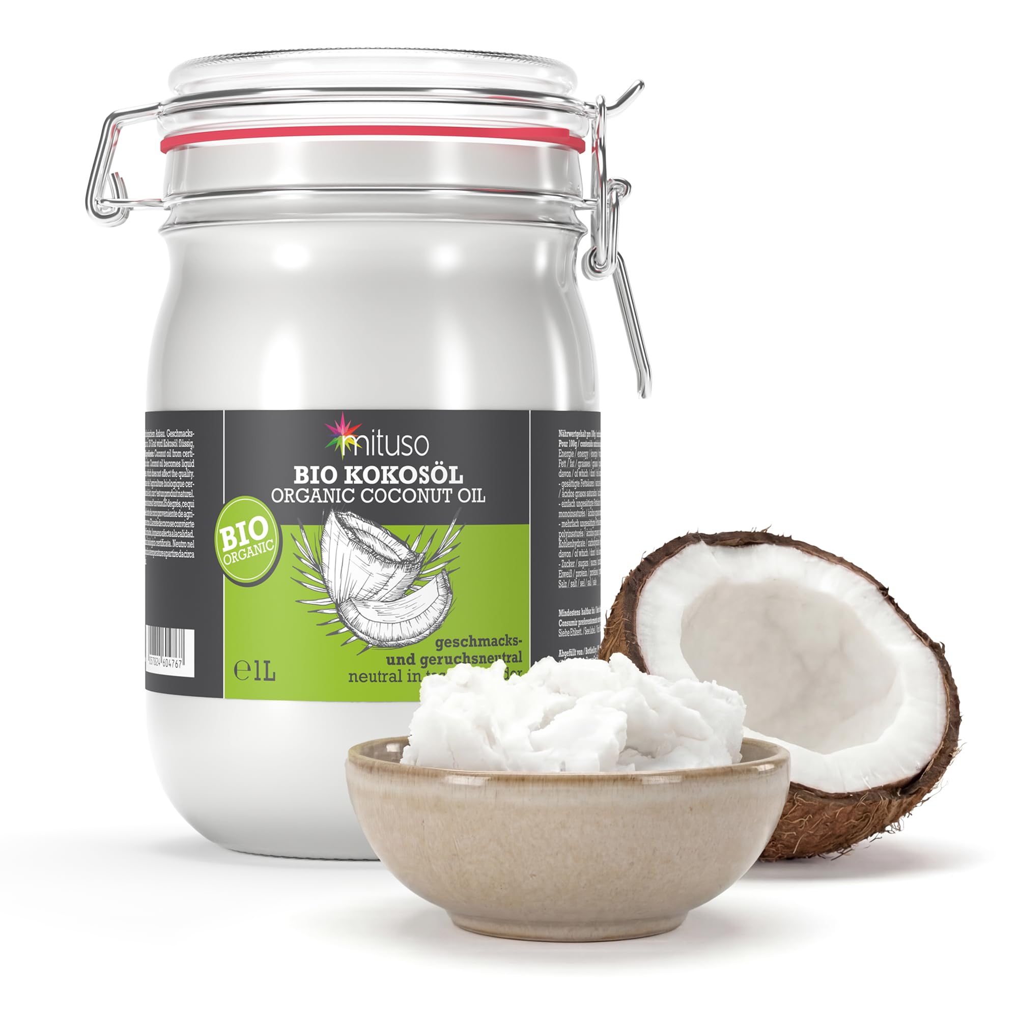 mituso - Aceite de coco orgánico mituso, insípido (desodorizado), 1 paquete (1 x 1000 ml) en un vaso con clip