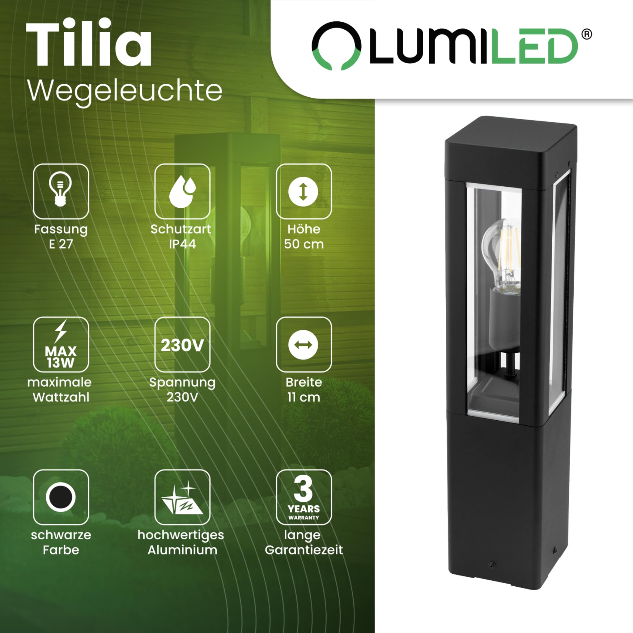 Lumiled Außenleuchte Pollerleuchte Außenstehleuchte Stehlampe Wegeleuchte Gartenleuchte Wegelampe stehend 50 cm IP44 Schwarz rechteckig spritzwasserdicht Aluminium E27 Fassung max 13W