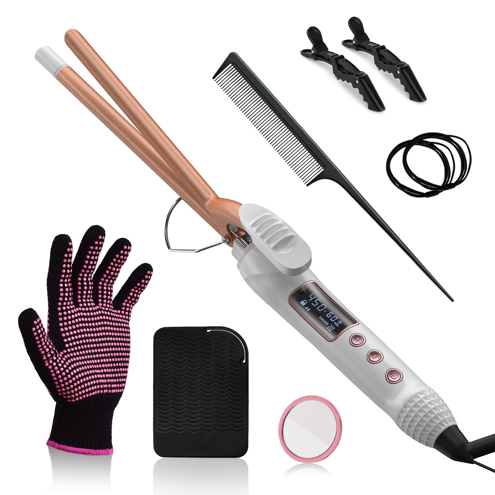 3/8 Inch Small Curling Iron, 9mm Tiny Curling Wand for Medium & Long Hair, Ceramic Small Barrel Curling Iron with Adjustable Temperature, with Heat Resistant Glove, 8-in-1 Gift Set