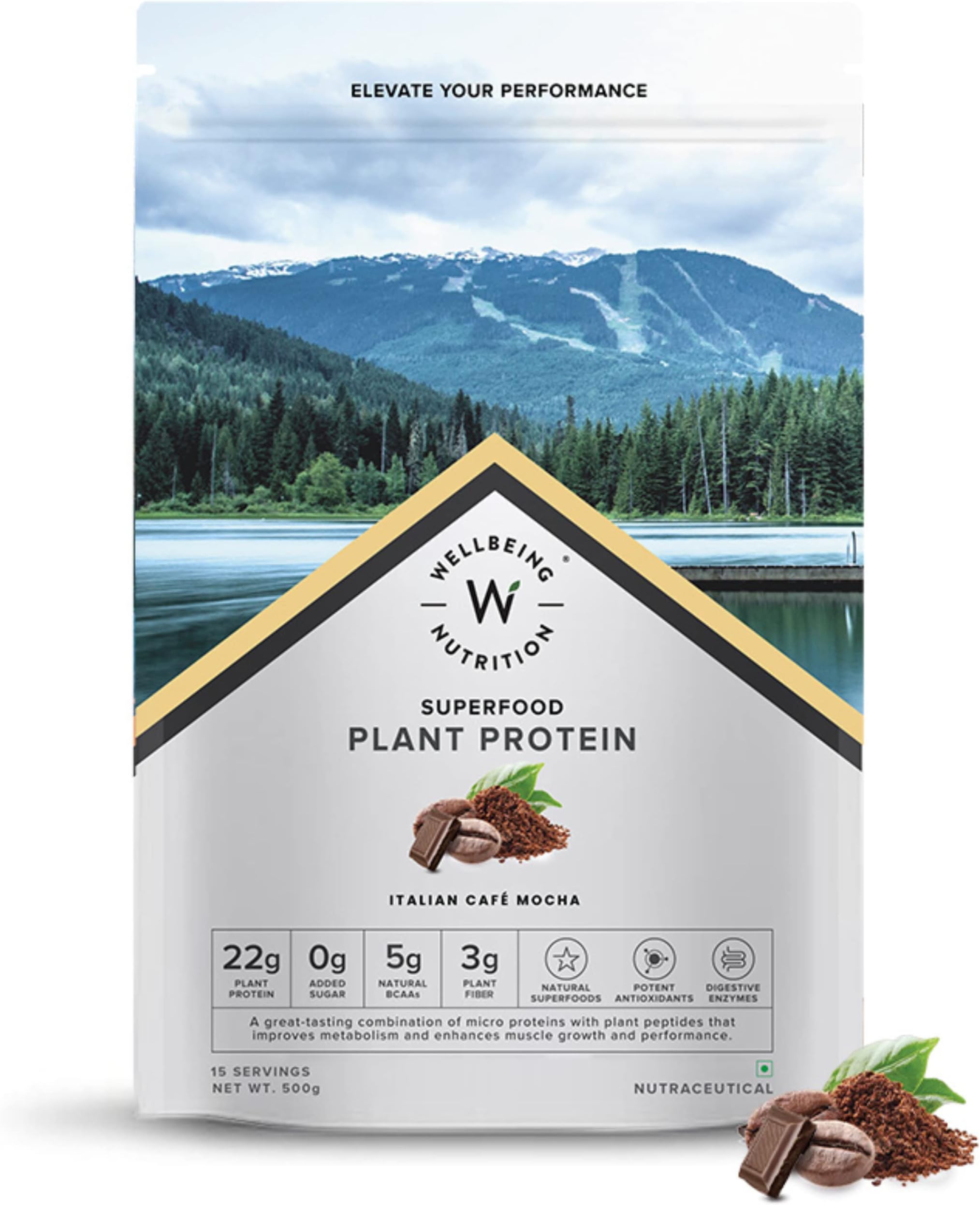 WELLBEING NUTRITIONOrganic Vegan Plant Protein Isolate Powder | 22g Protein, 5g BCAA European Pea & Brown Rice Protein | Superfoods, Fiber for Muscle Growth & Recovery | Italian Cafe Mocha - 500gm