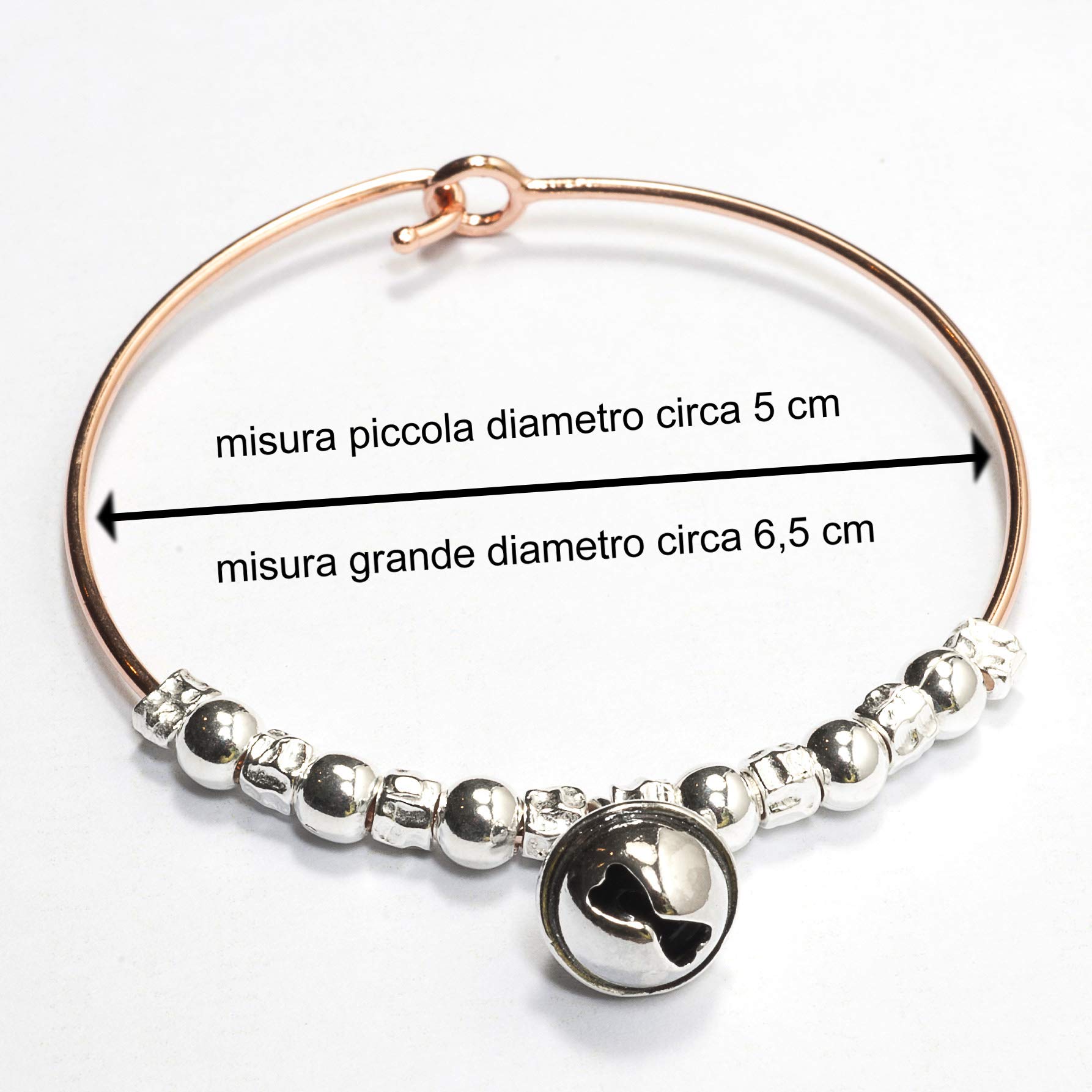BRACCIALE RIGIDO in ARGENTO 925, con palline,pepite martellate e ciondolo CAMPANELLINO