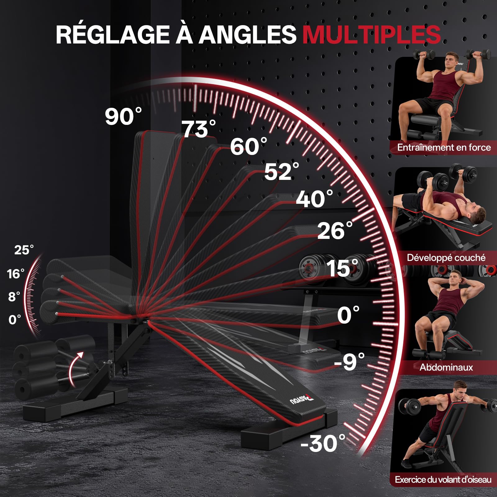 PASYOU Banc de Musculation Pliable, Charge 300kg, Banc de Fitness Réglable Multifonction pour Entraînement Corps Complet, Banc de Sport avec Poignées pour Maison et Salle de Sport (PA350)