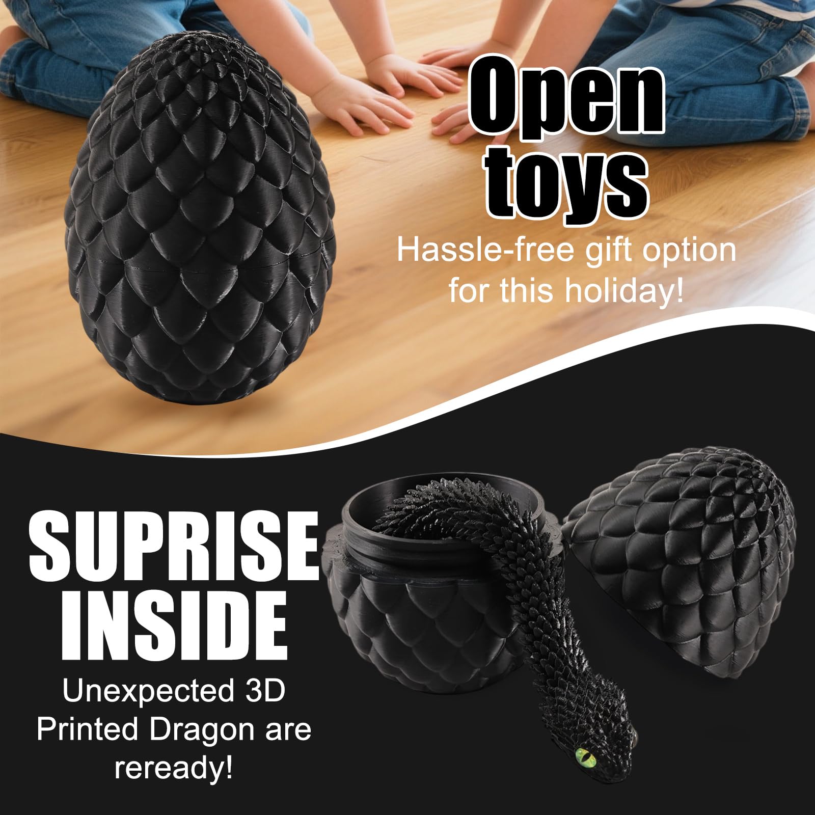 Joycabin Serpente Giocattolo 3D Stampato, Uovo di Drago 3D Stampato Pasqua, Uova di Serpente, Animali 3D Stampati Giocattolo per Bambini Regali, Decorazione da Scrivania e Casa (45cm/Nero)