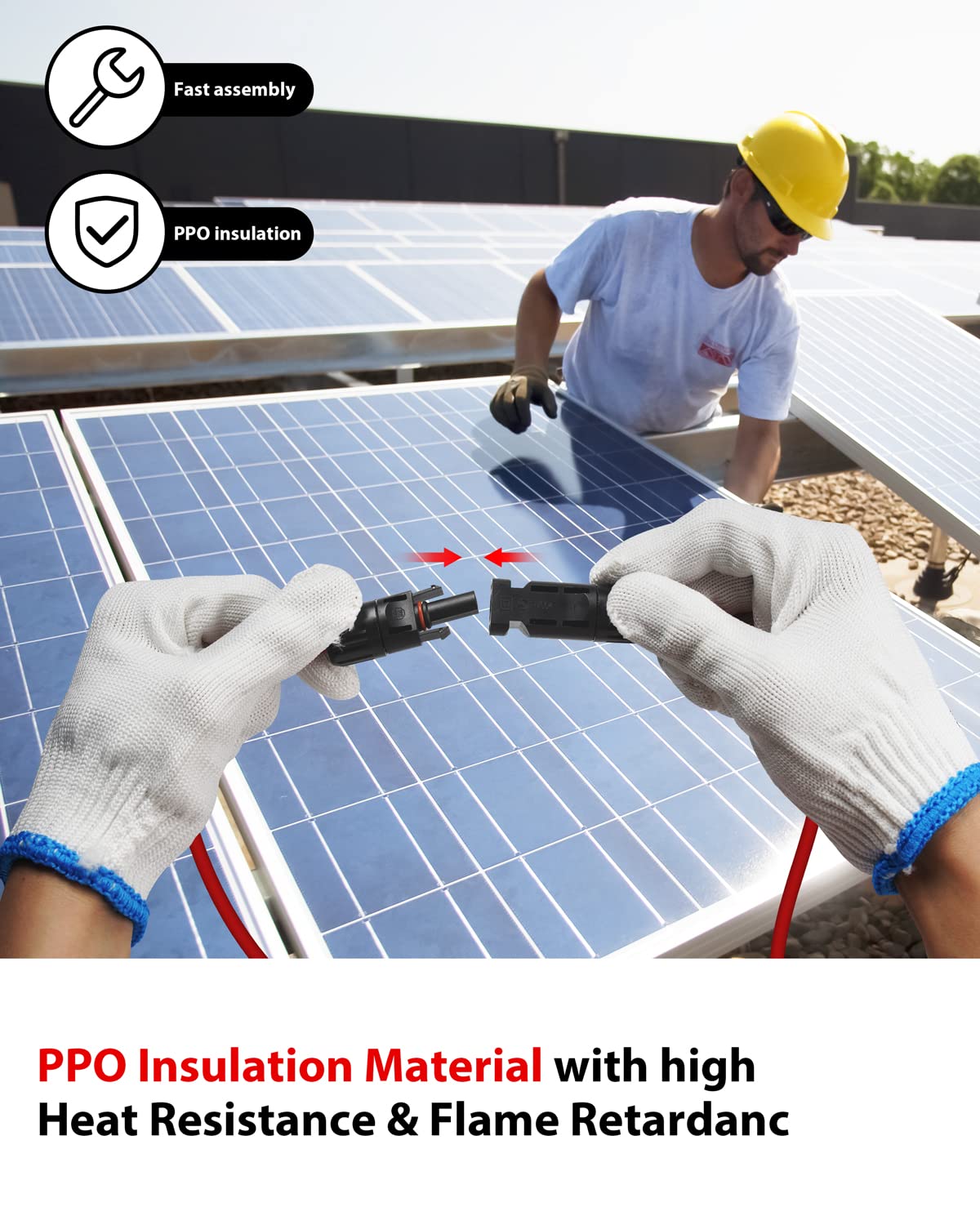 Stouchi kabel solarny, 2 m, 6 mm2, przedłużacz solarny z wtyczką, gniazdem i wtyczką, panel słoneczny, kabel pv do modułu solarnego IP67, wodoszczelna wtyczka, napięcie znamionowe 1500 V (czerwony + czarny)