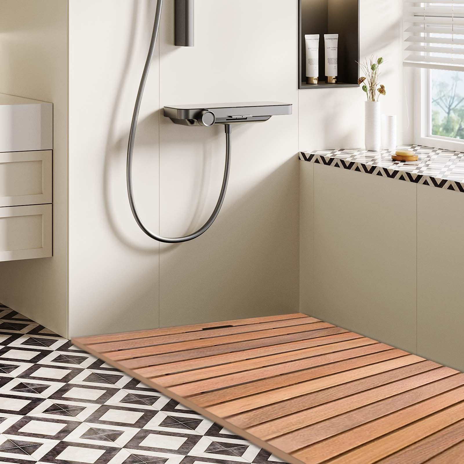 Lar Tappetino antiscivolo in legno naturale per doccia, sauna e spa, protezione per pavimenti e tavolette decorative (80 x 90 cm)