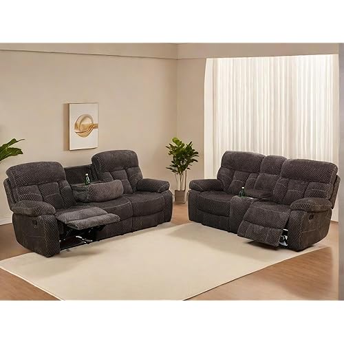 Power Recliner Sofa, 2 Pieces Reclining Loveseat Couch Set, 3 Seater Reclining Sofa for Living Room Furniture Sets with Cup Holders, Storage Console, Brown