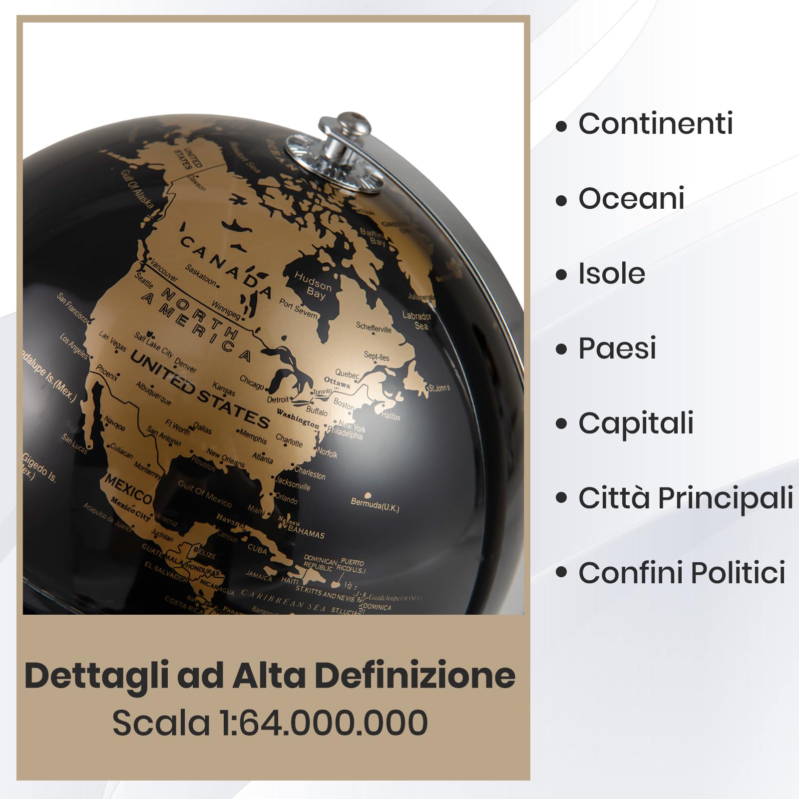 COSTWAY Mappamondo con Base, Mappamondo Accurato in l’Inglese (Dorato) | Base in Metallo, Globo Educativo 21 cm, Decorazione Moderna per Scrivania, Casa, Ufficio, Scuola