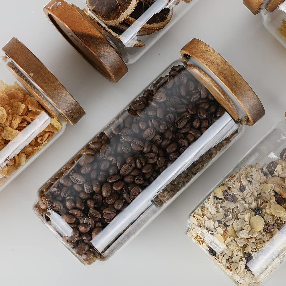 Vorratsdosen aus Glas mit Holzdeckel [5er Set], luftdichte Lebensmittelbehälter stapelbar für Kaffeebohnen| Nüsse| Pasta