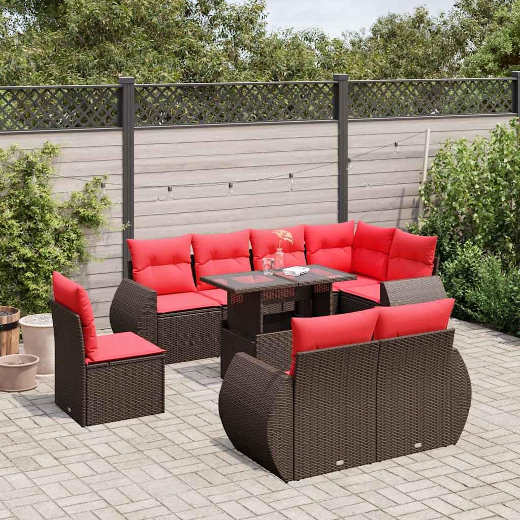 Set Divani da Giardino 9 pz in Rattan PE Marrone con Cuscini Lavabili per Relax Esterno Veranda Patio e Balcone