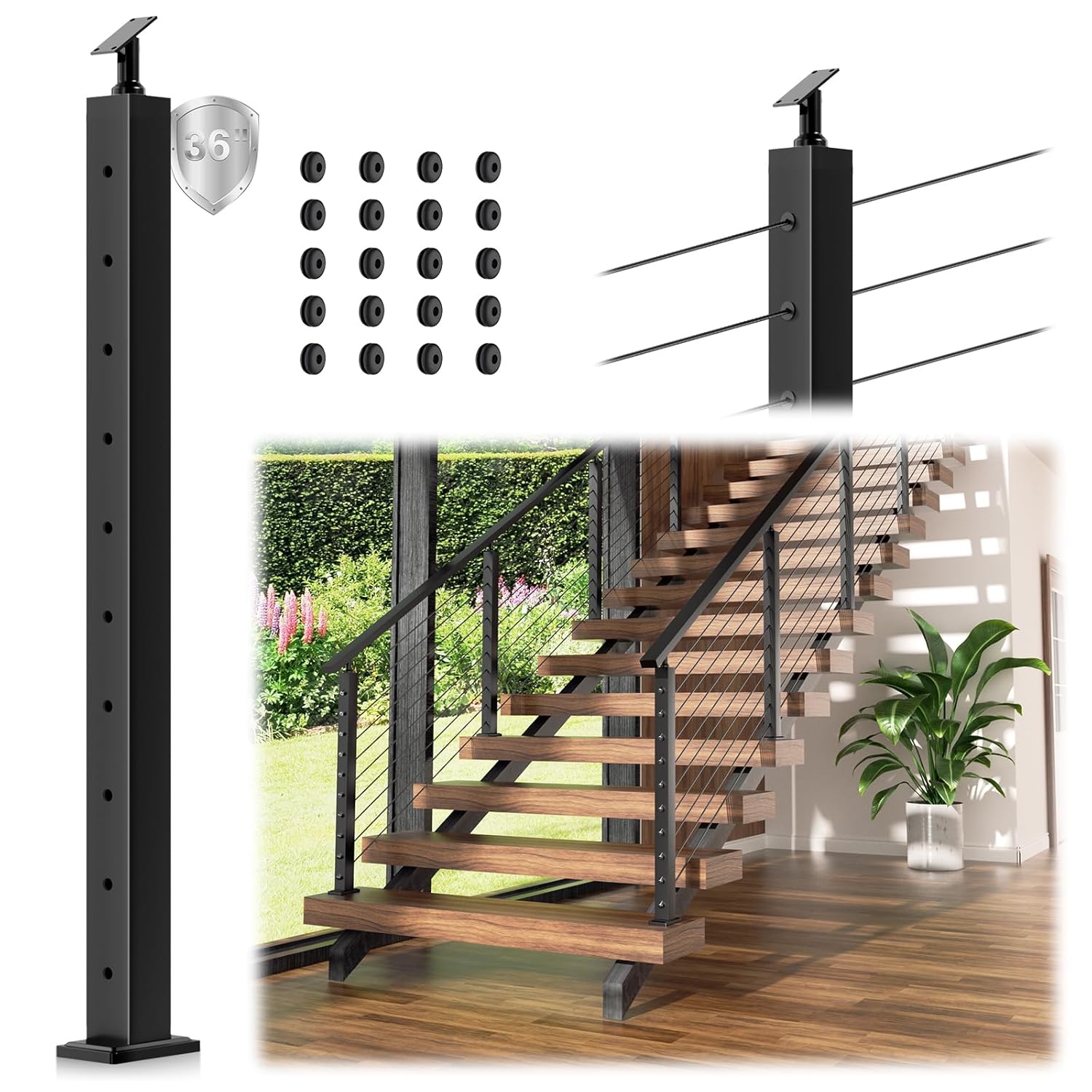 36" Stair Cable Railing Post for 28-38 Degrees Stairway, Matte Black Surface Mount Stair Deck Handrail Post System, Heavy-Duty Stainless Steel T304 Wire Railing Post for Stairs Indoor Outdoor 36" Stair Post-1 Pack 1