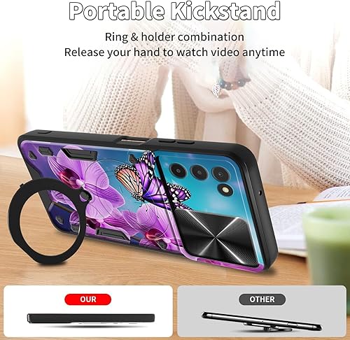 Vista 359 de Funda para Samsung Galaxy A13 5G con cubierta deslizante para lente de cámara y anillo giratorio de 360 grados, soporte híbrido de doble capa Flores